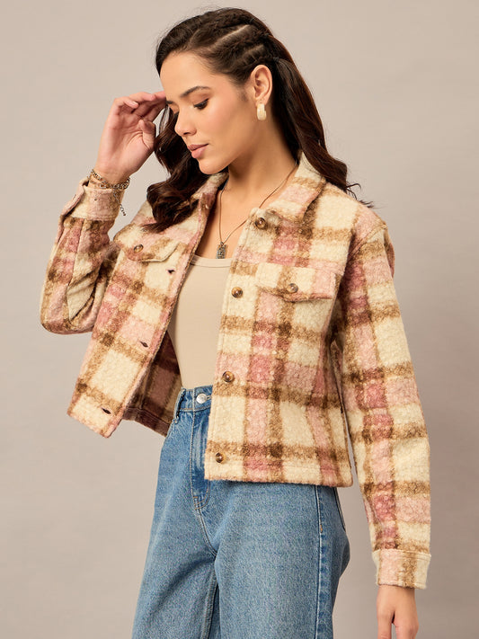 Pink checked buttoned jacket for women – regular fit – Reprise