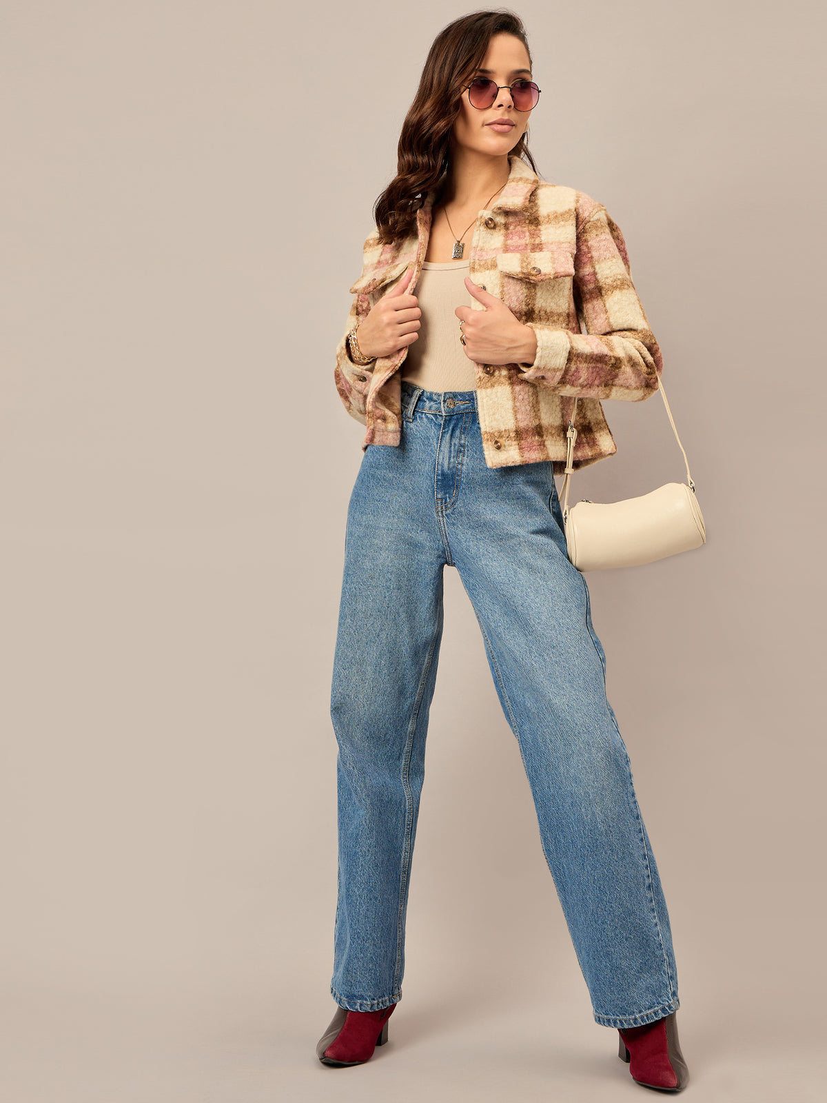 Beige Buttoned Checked Jacket - Reprise
