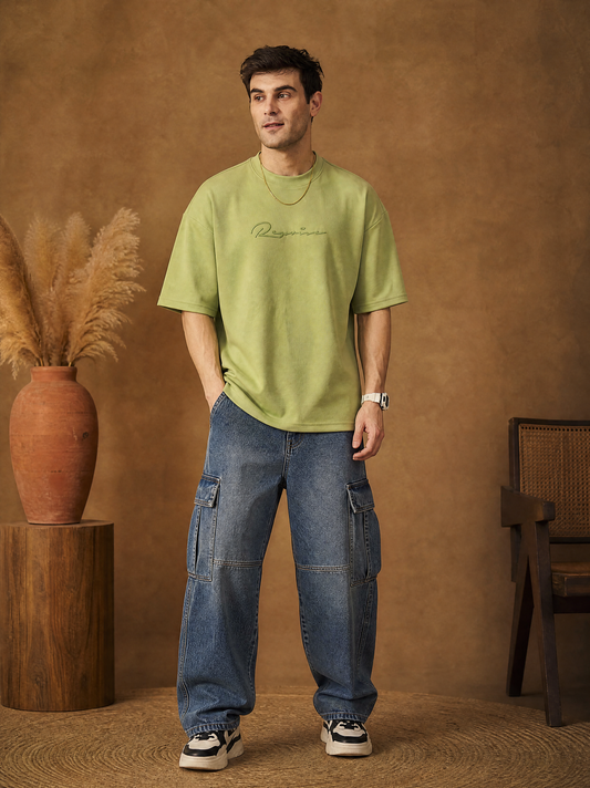 Men Oversize Printed Round Neck T-shirt Light Green