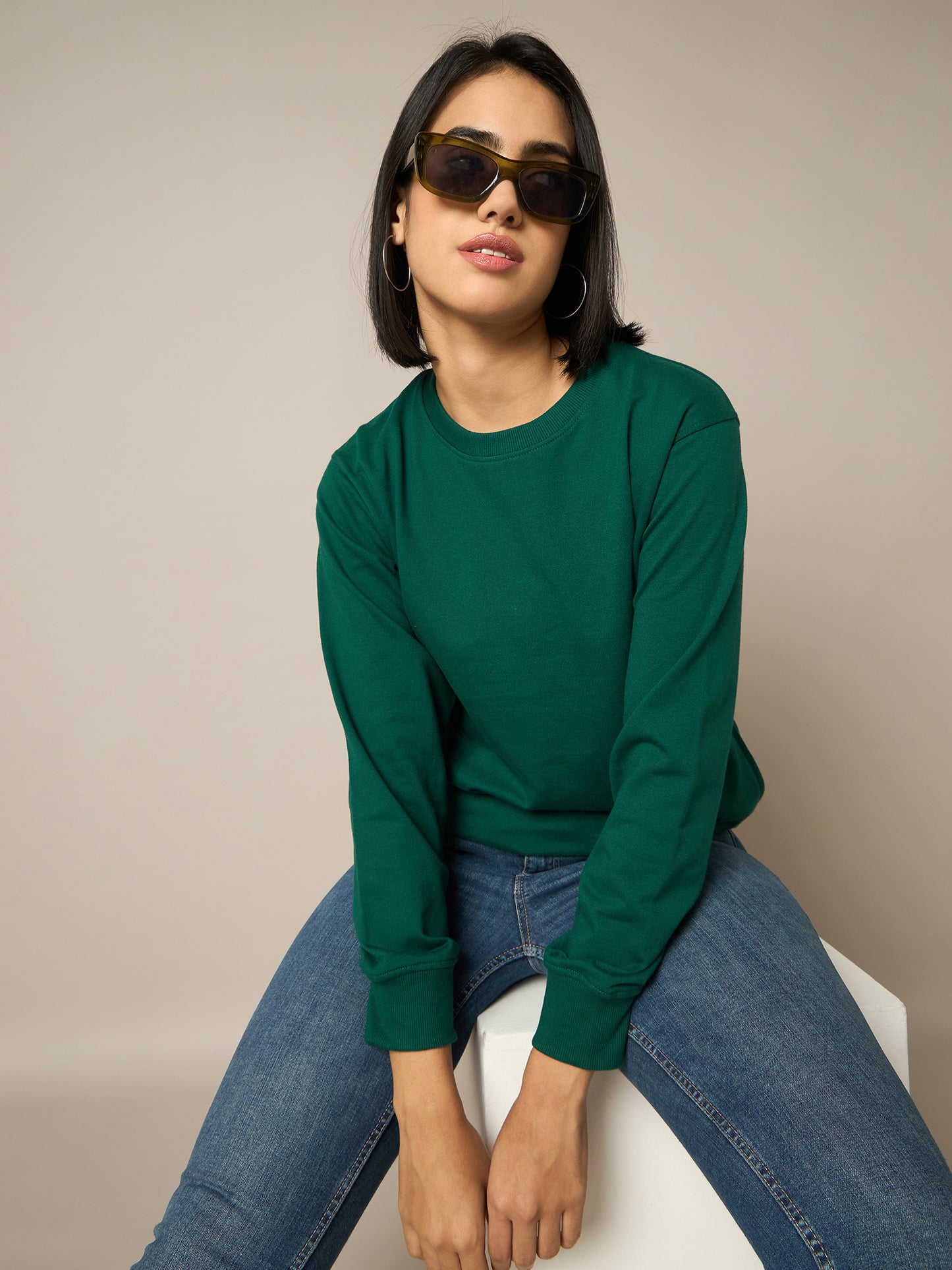 Women Bottle Green Round Neck Sweatshirt - Reprise