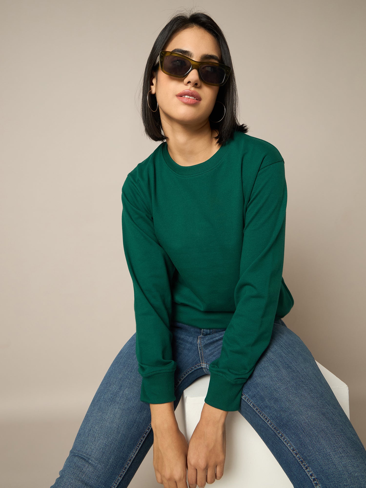 Women Bottle Green Round Neck Sweatshirt - Reprise