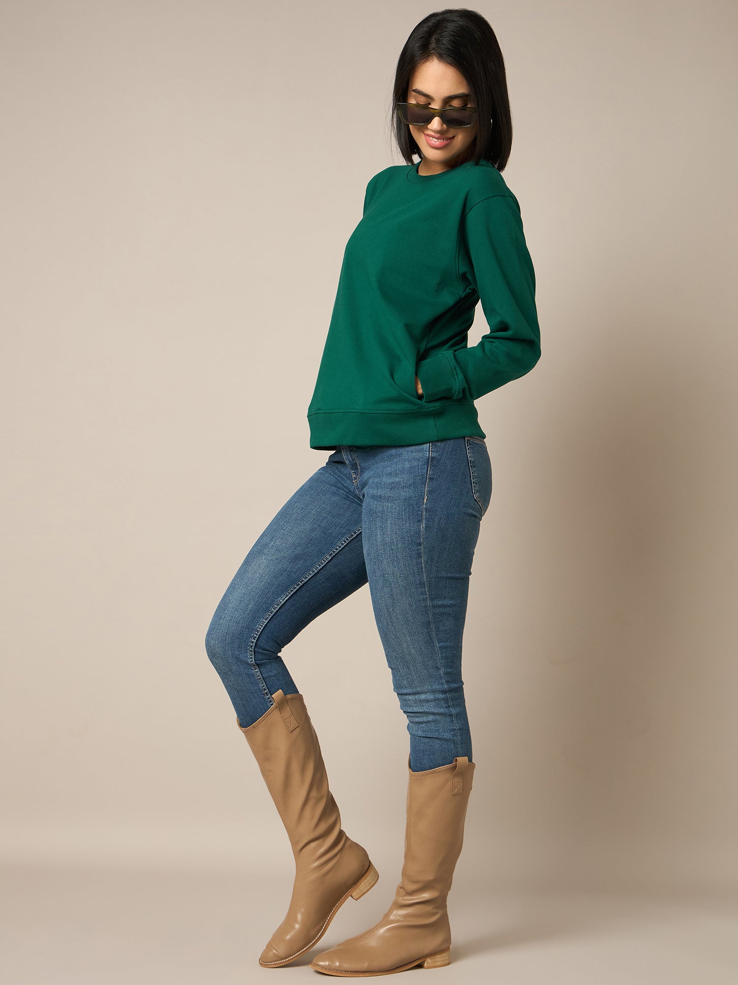 Women Bottle Green Round Neck Sweatshirt - Reprise