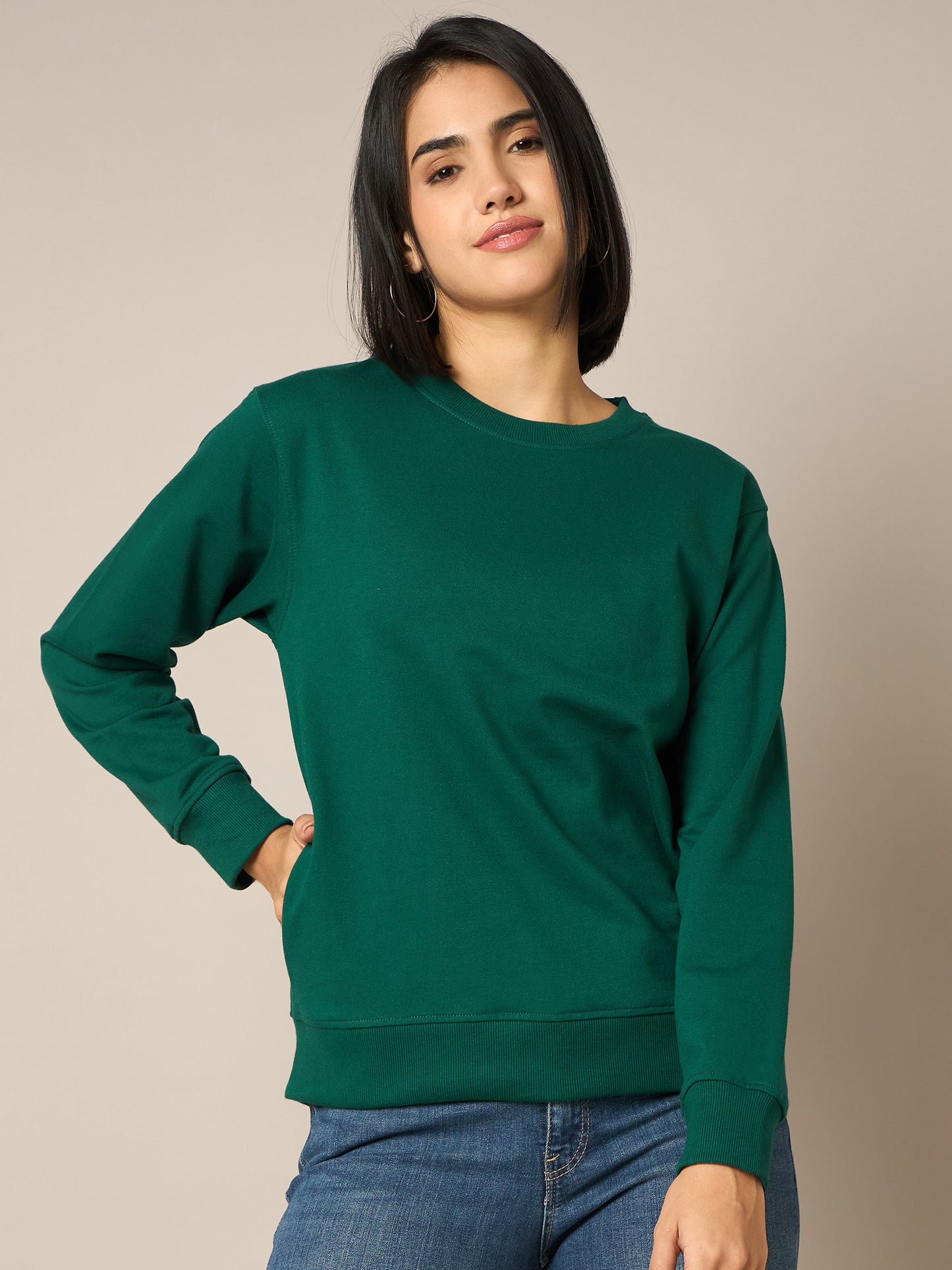 Women Bottle Green Round Neck Sweatshirt - Reprise