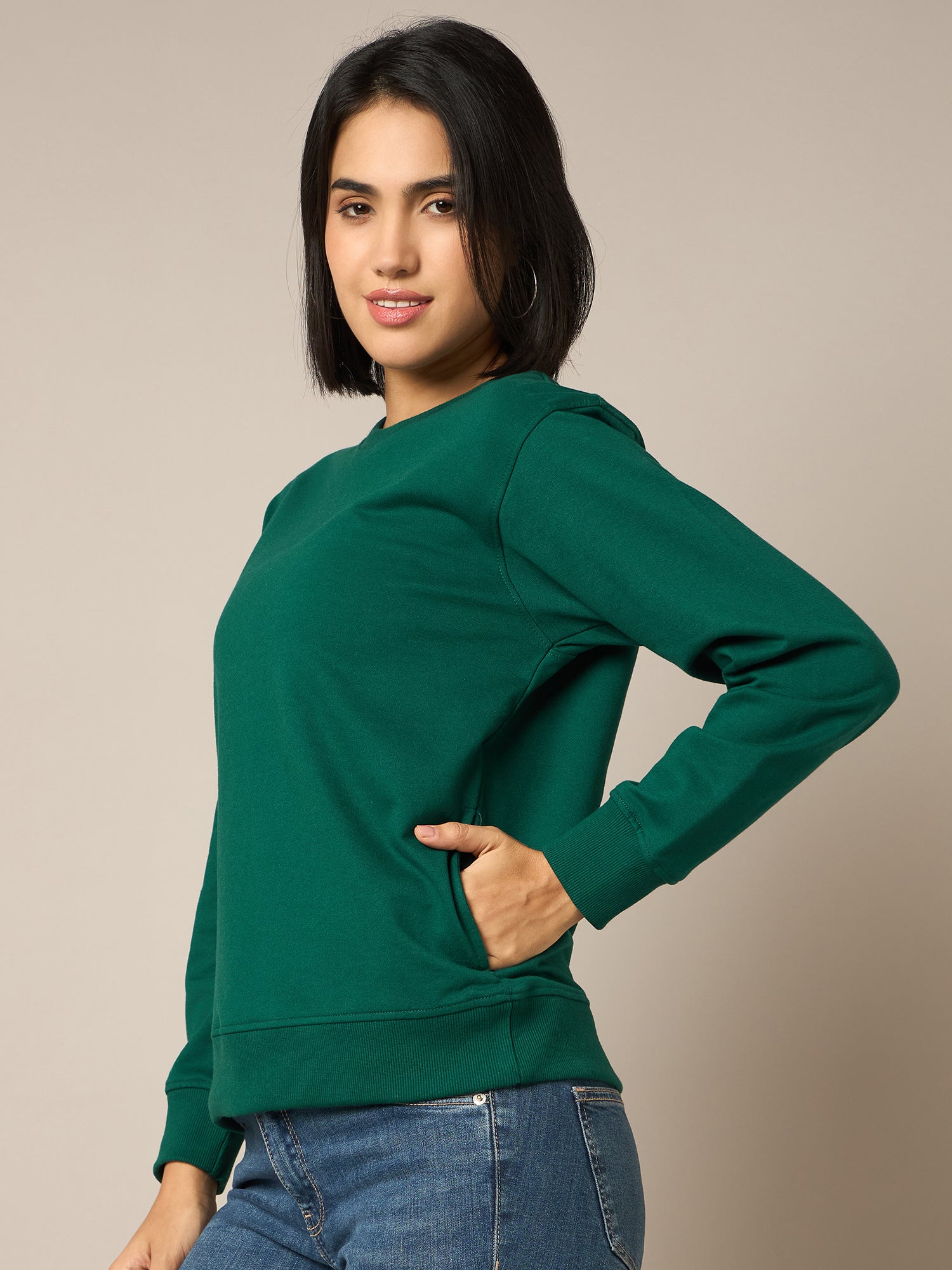Women Bottle Green Round Neck Sweatshirt - Reprise