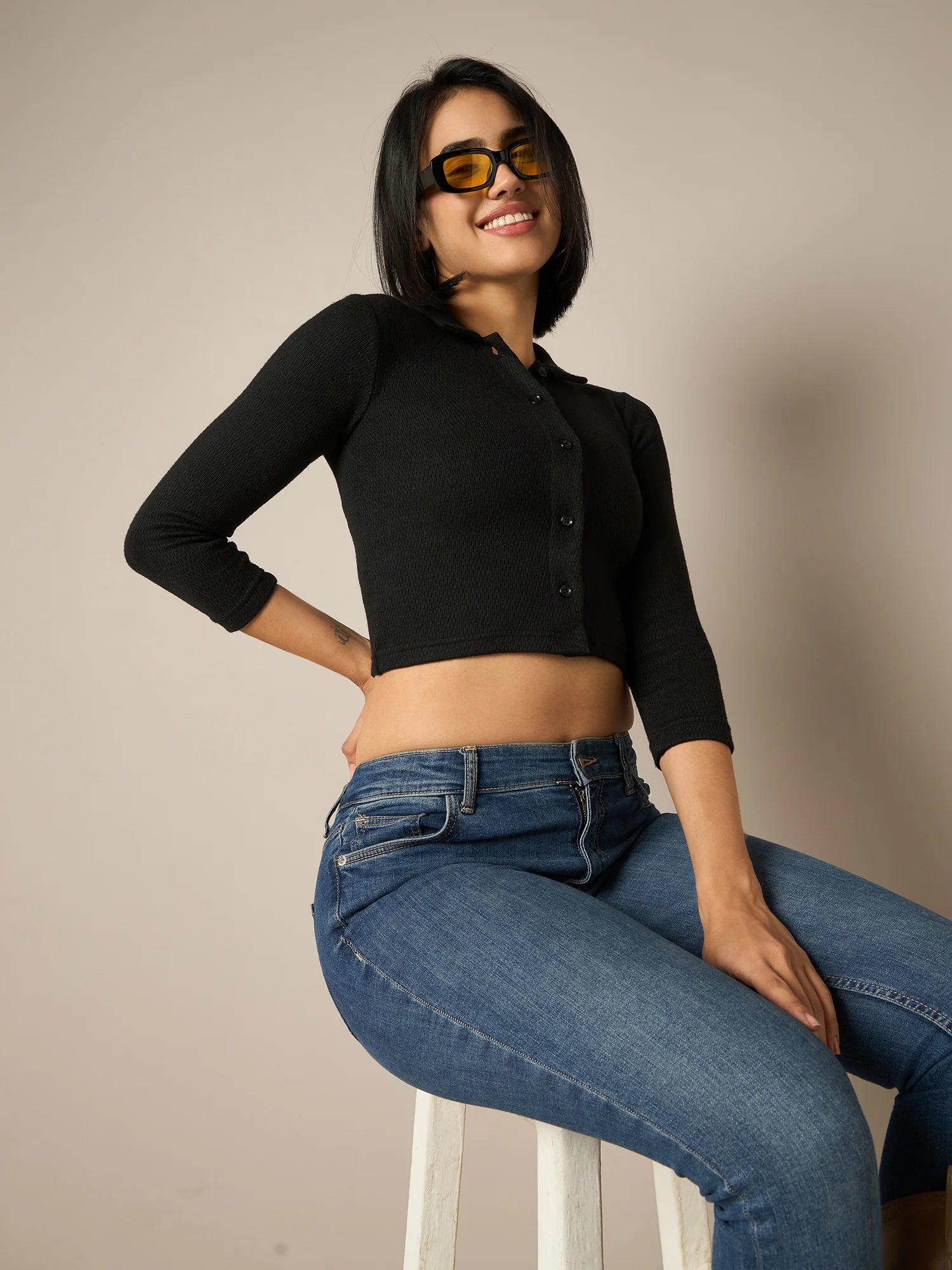 Women Black Buttoned Top - Reprise