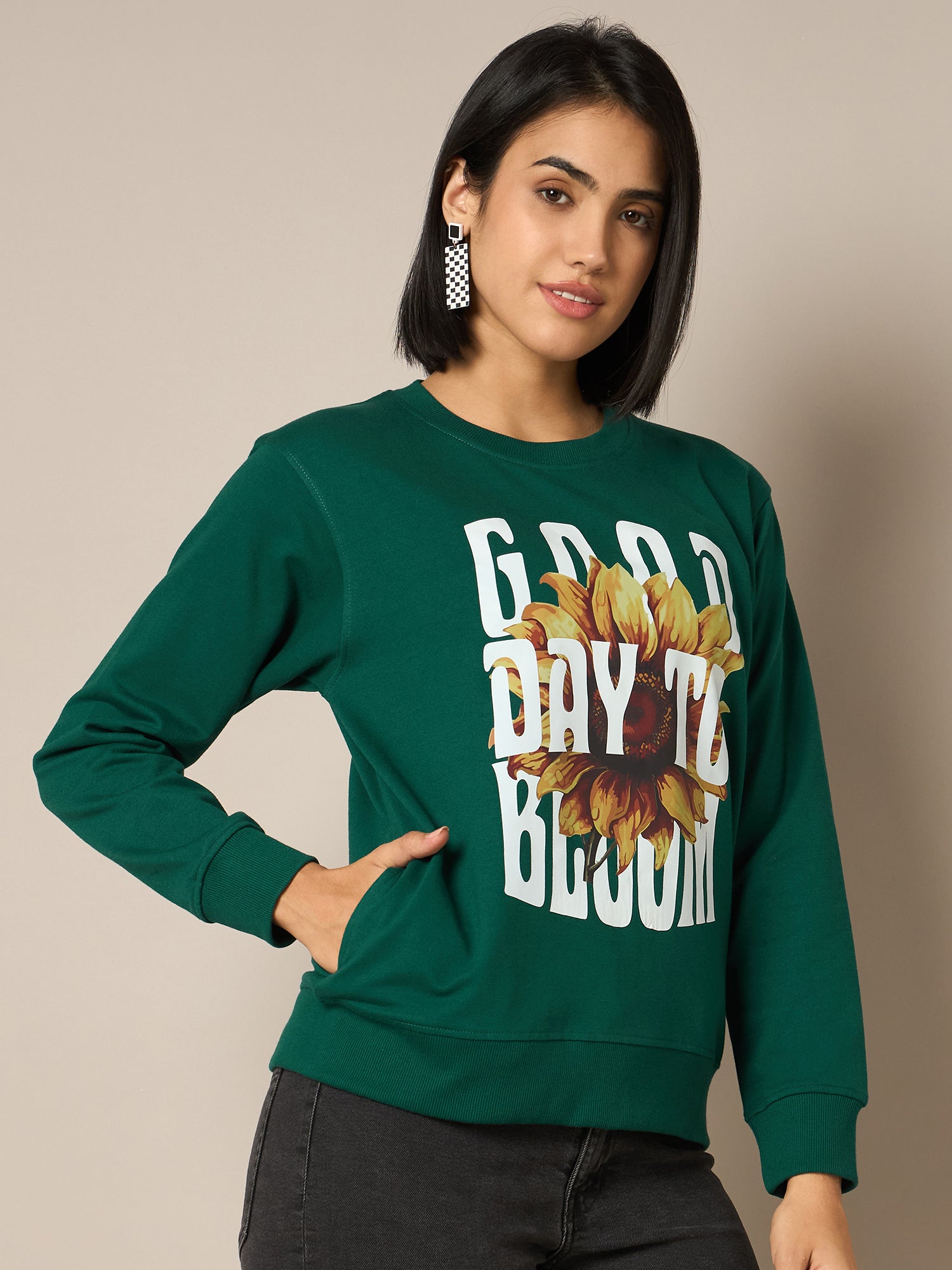 Women Bottle Green Round Neck Sweatshirt - Reprise
