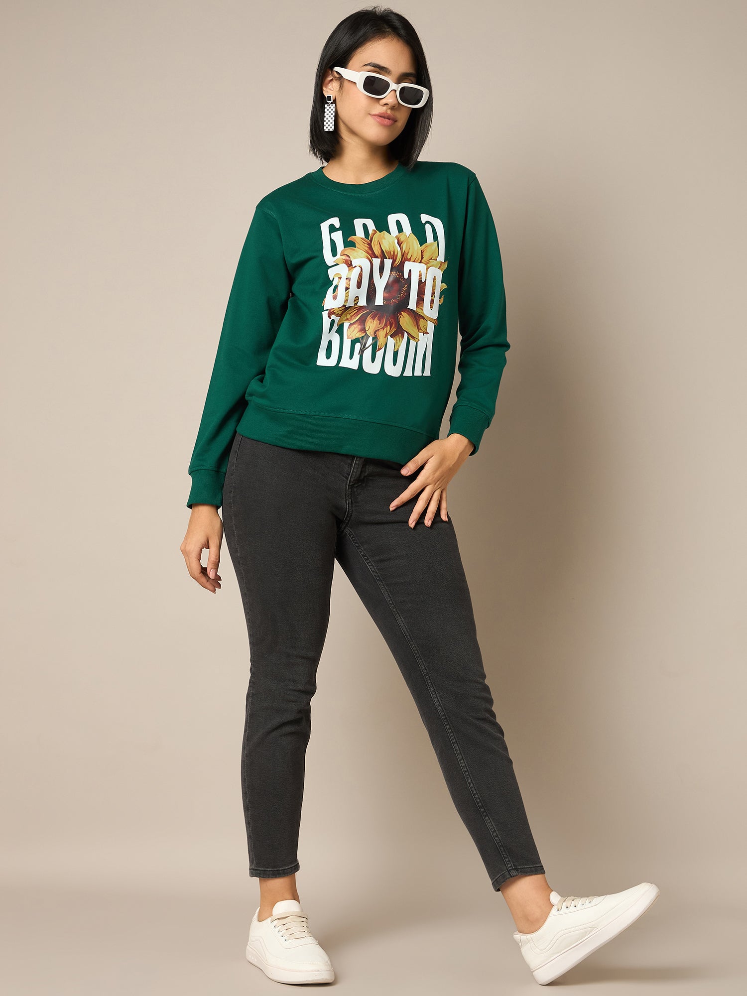Women Bottle Green Round Neck Sweatshirt - Reprise