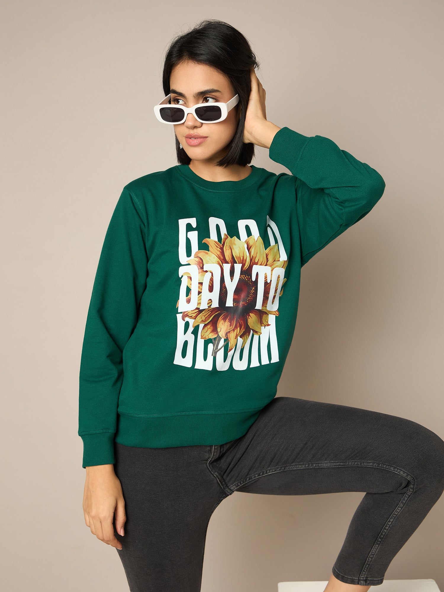Women Bottle Green Round Neck Sweatshirt - Reprise
