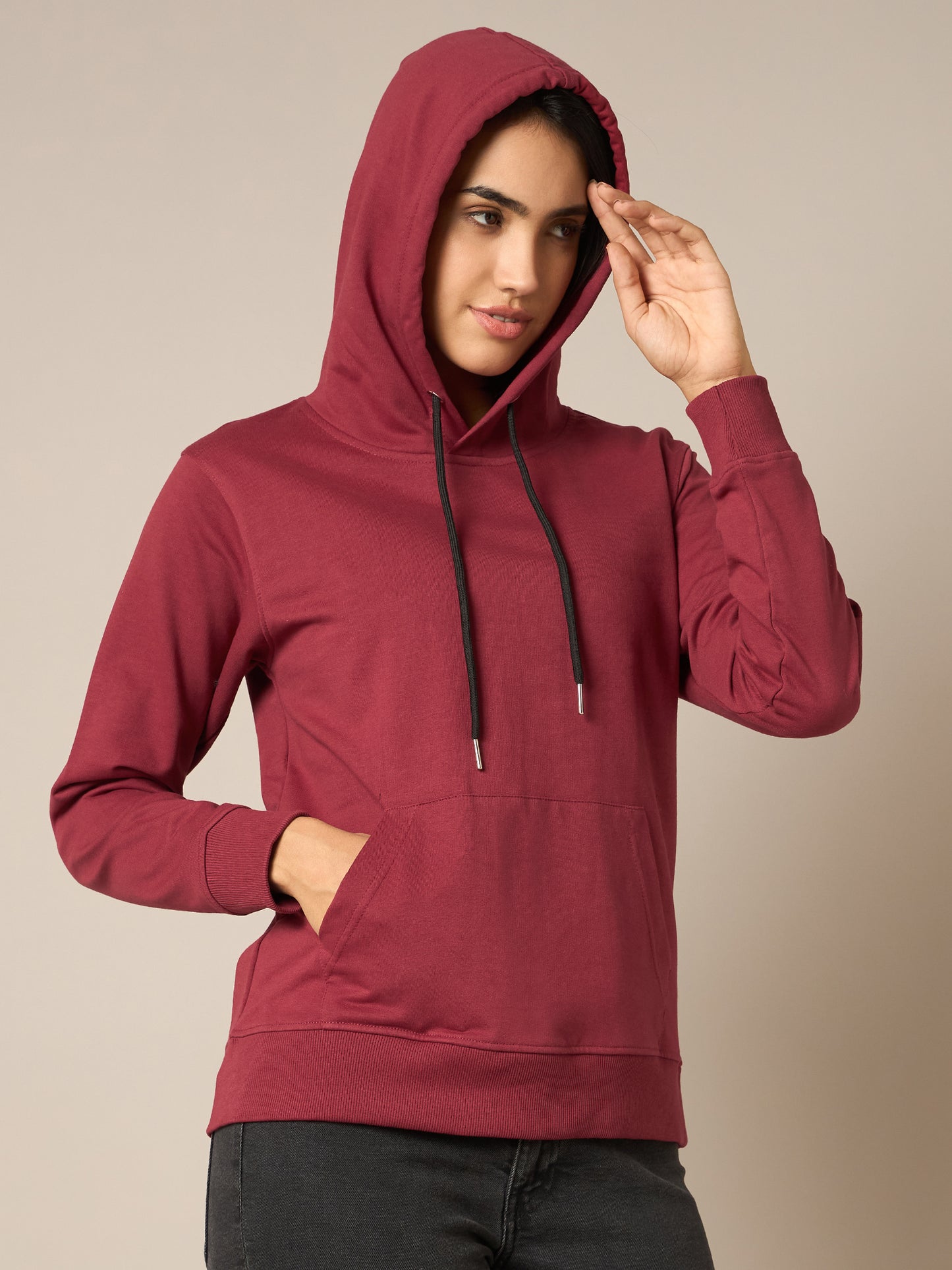 Women Maroon Solid Hoodie - Reprise