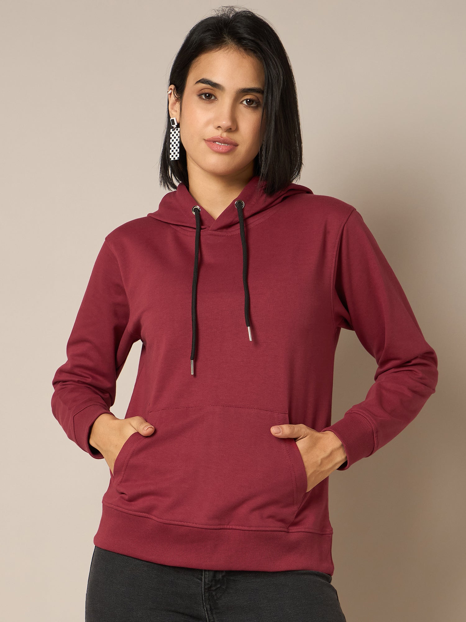 Women Maroon Solid Hoodie - Reprise