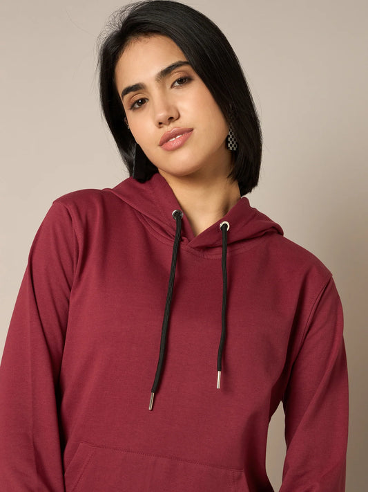 Women Maroon Solid Hoodie
