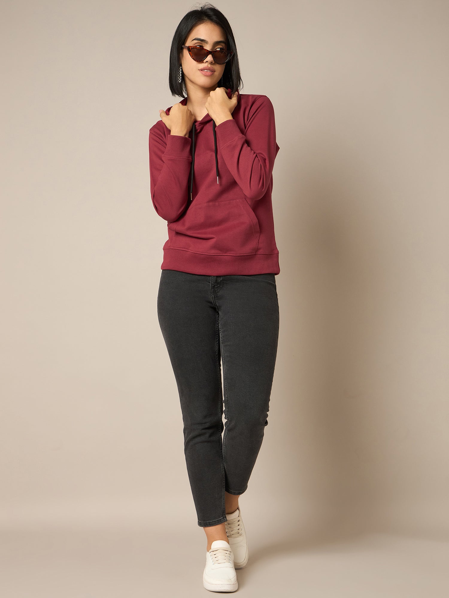 Women Maroon Solid Hoodie - Reprise