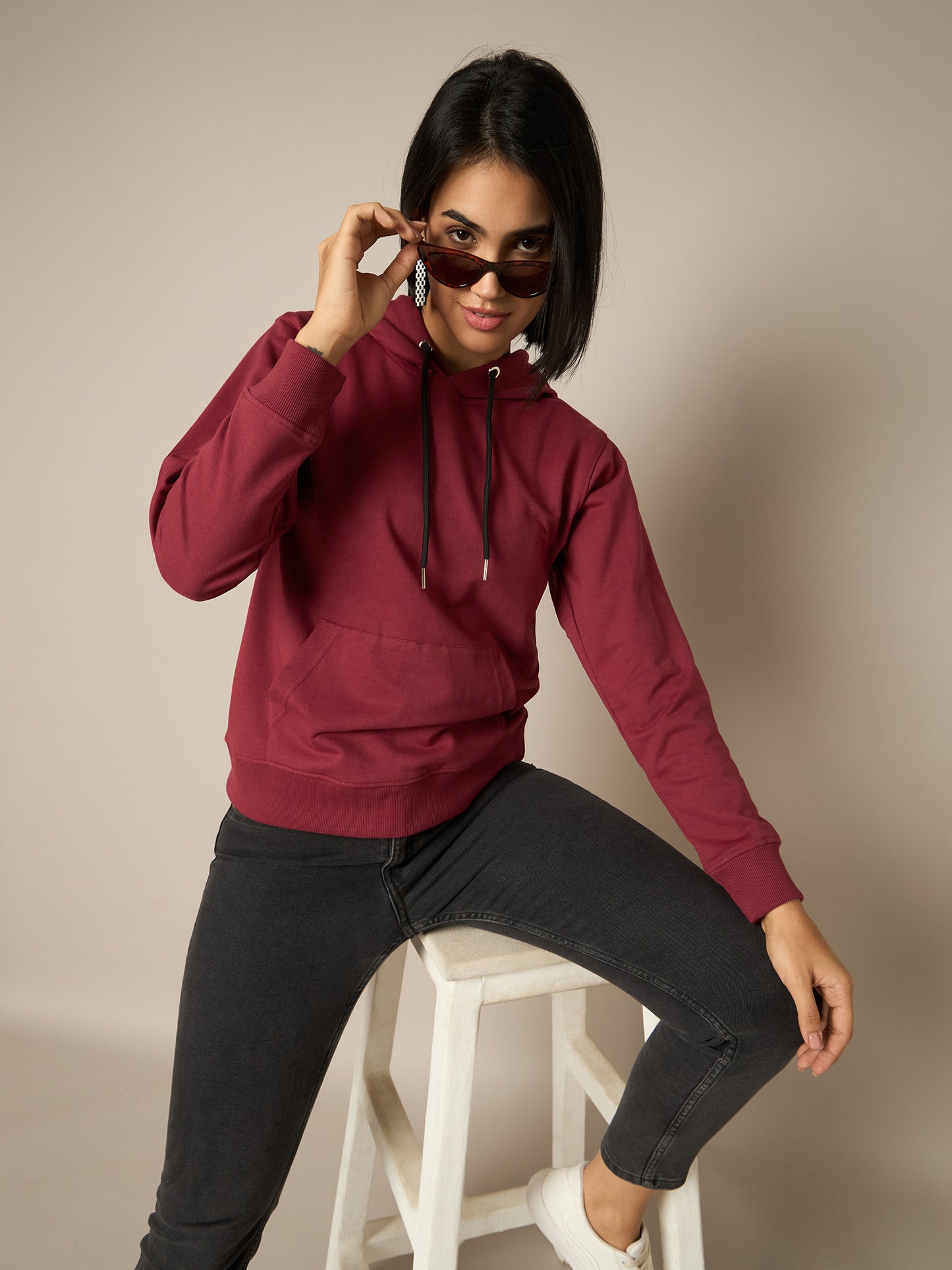 Women Maroon Solid Hoodie - Reprise