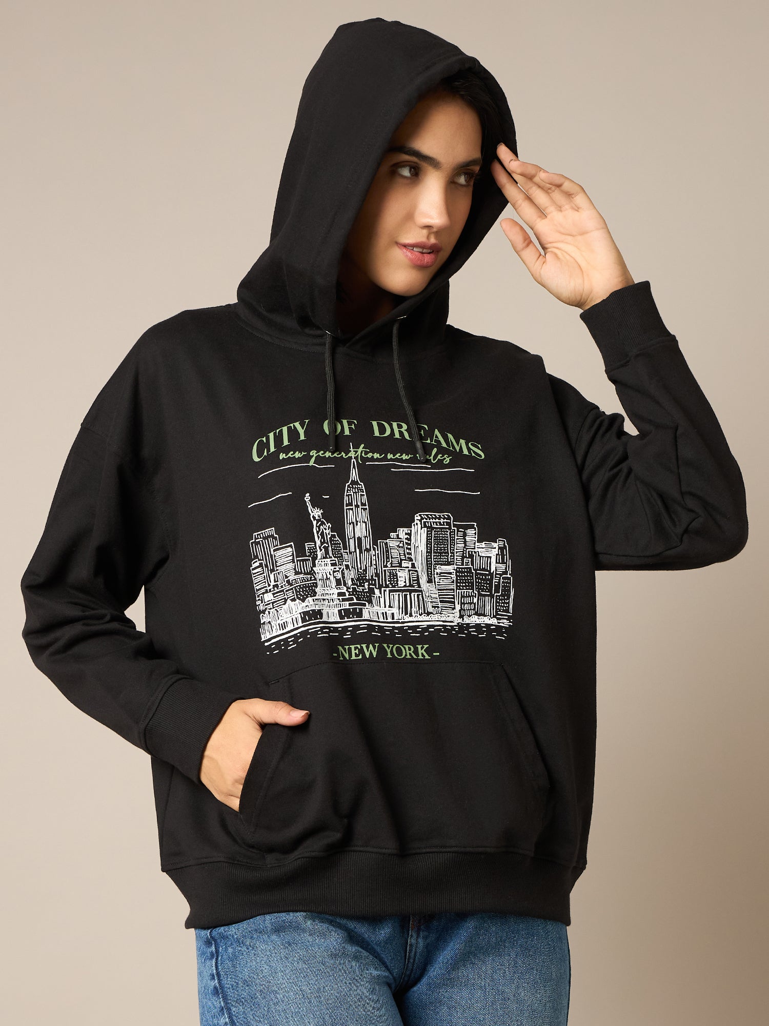 Women Black Printed Hoodie - Reprise