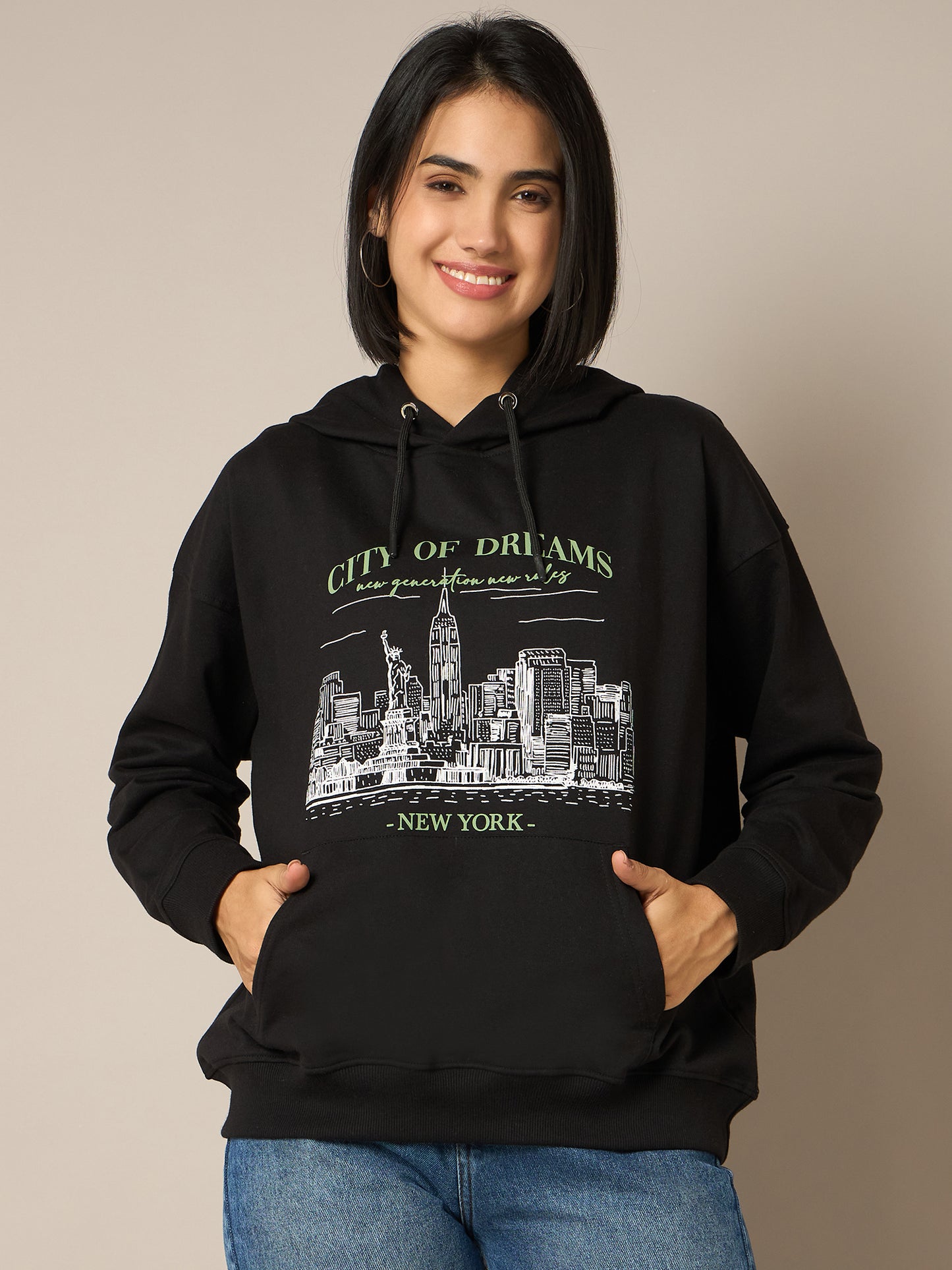 Women Black Printed Hoodie - Reprise