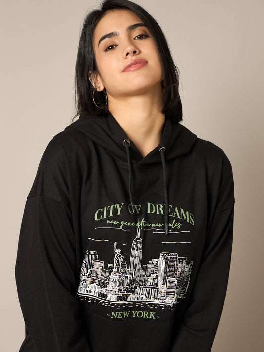 Women Black Printed Hoodie - Reprise