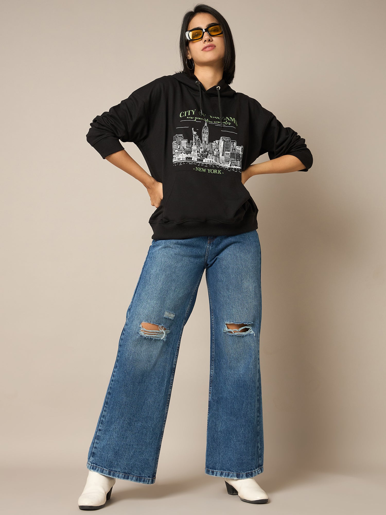 Women Black Printed Hoodie - Reprise