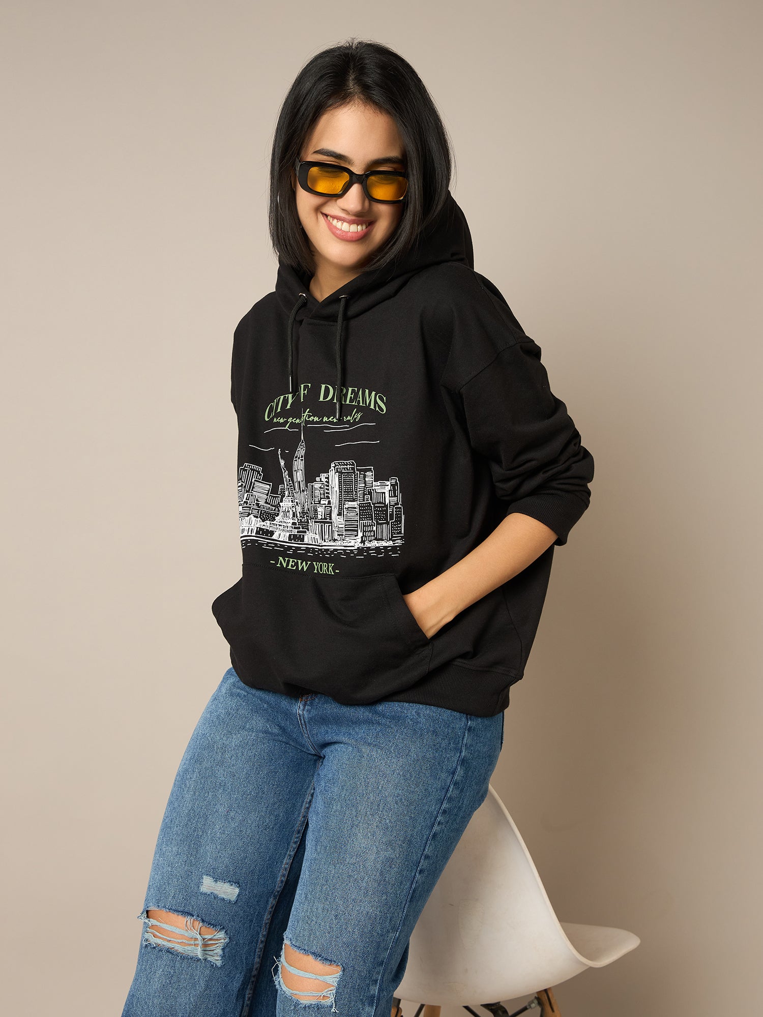 Women Black Printed Hoodie - Reprise