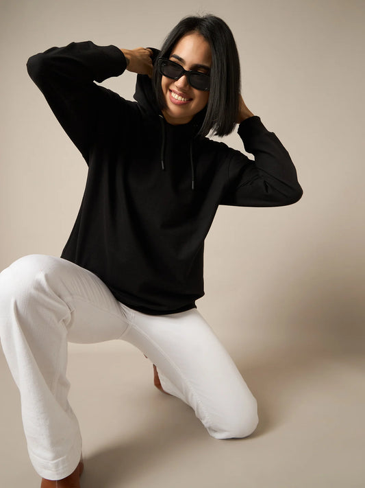Women Black Solid Hoodie