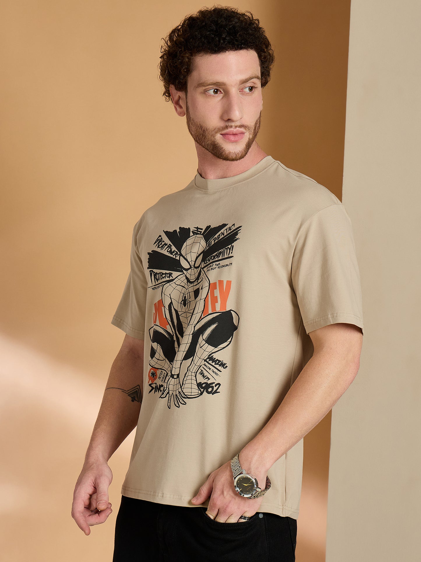 Reprise x Spiderman Beige  Printed Round Neck Tshirt