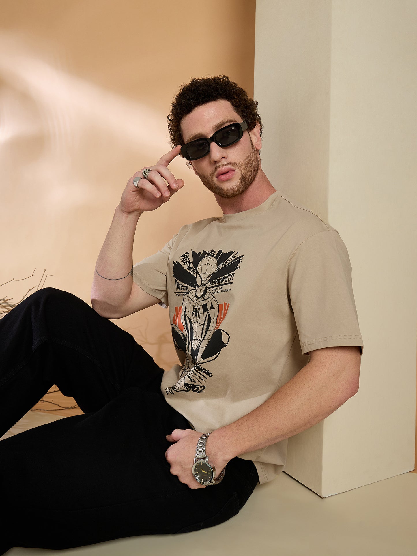 Reprise x Spiderman Beige  Printed Round Neck Tshirt