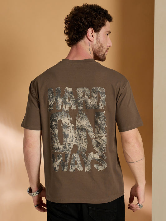 Men Oversized Printed Round Neck Drop shoulder T-shirt Brown - Reprise