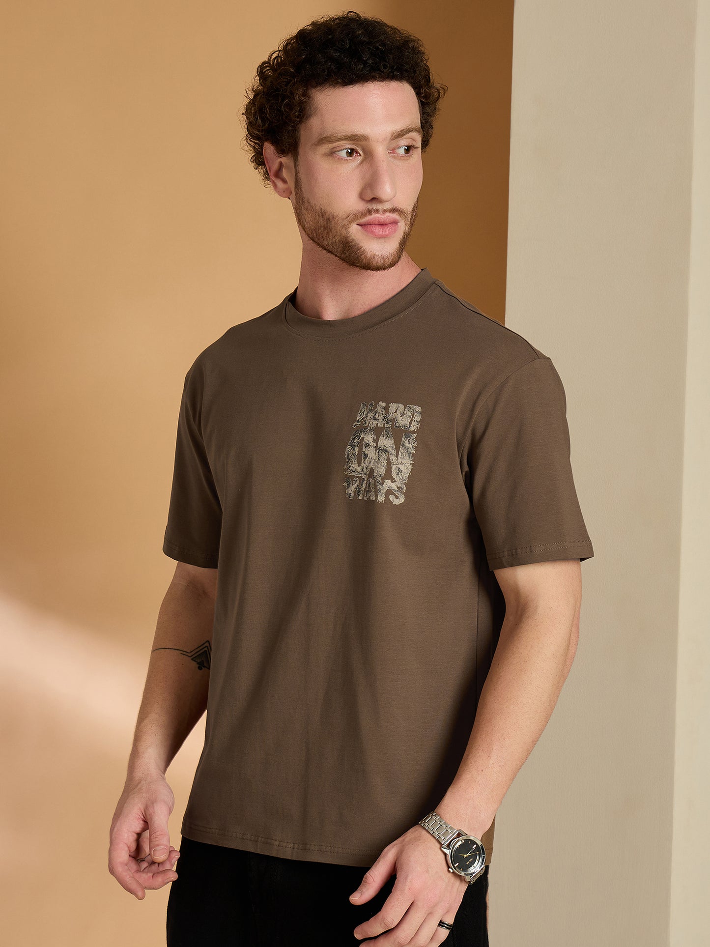 Men Oversized Printed Round Neck Drop shoulder T-shirt Brown - Reprise