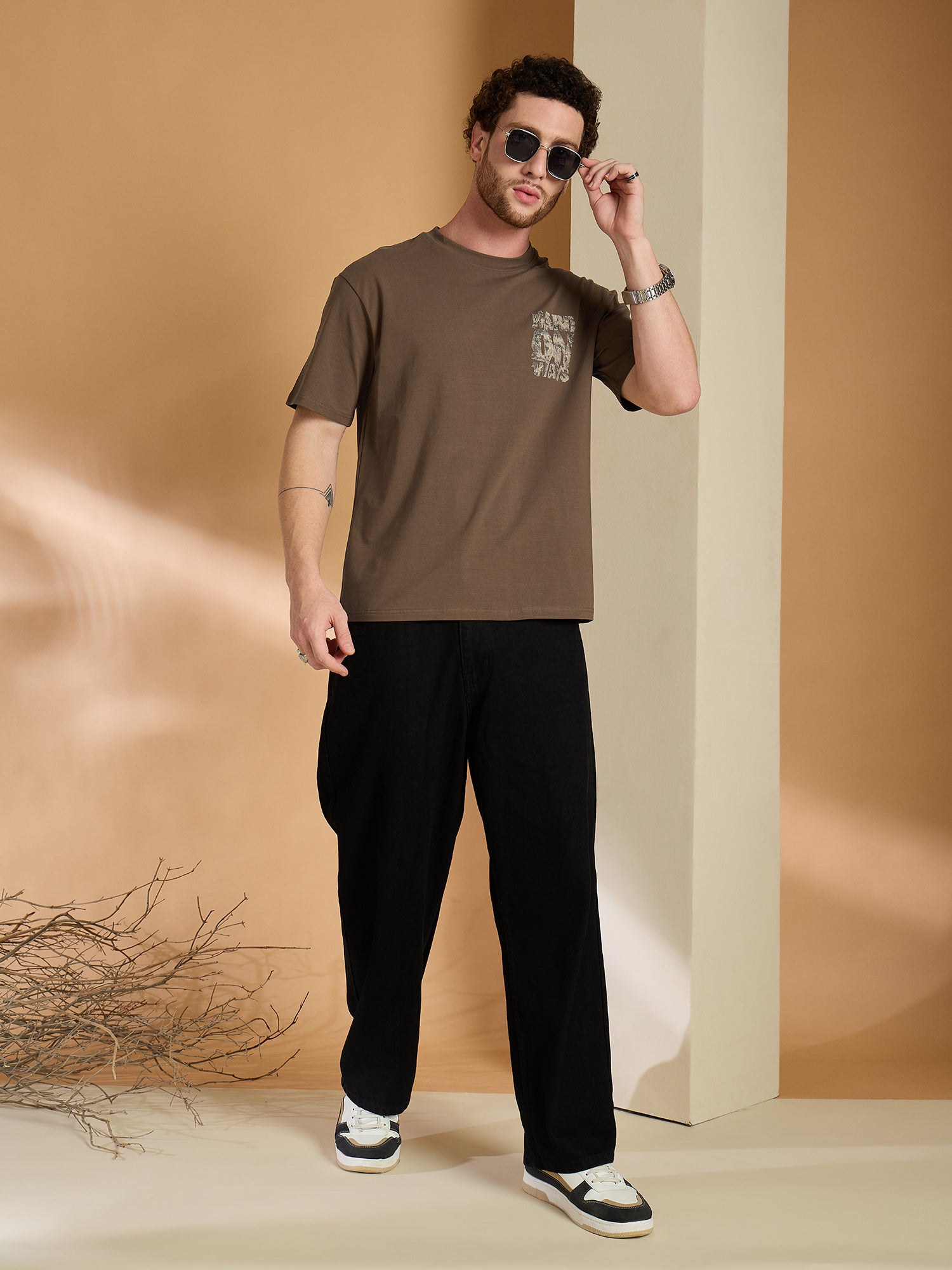 Men Oversized Printed Round Neck Drop shoulder T-shirt Brown - Reprise