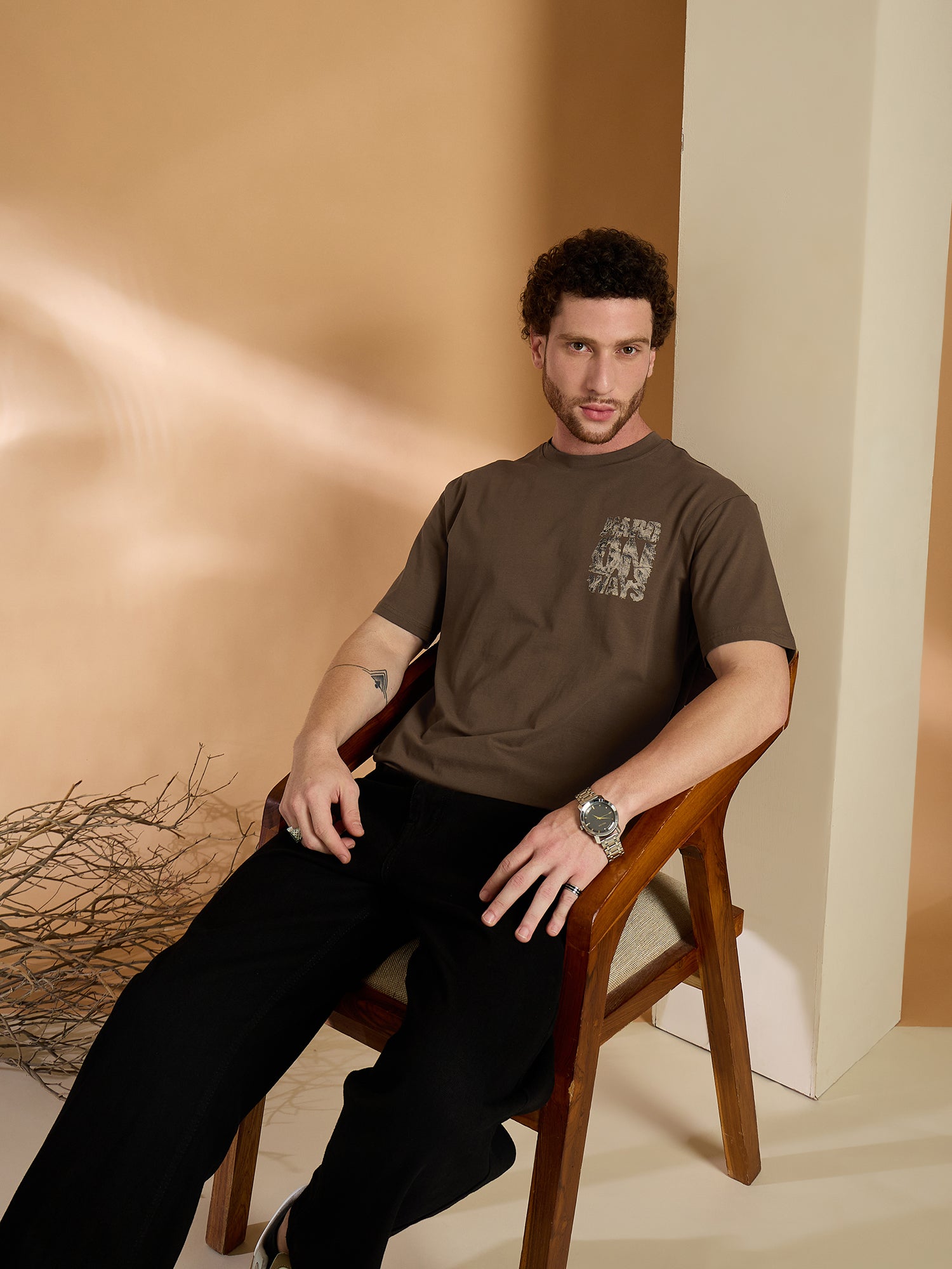 Men Oversized Printed Round Neck Drop shoulder T-shirt Brown - Reprise