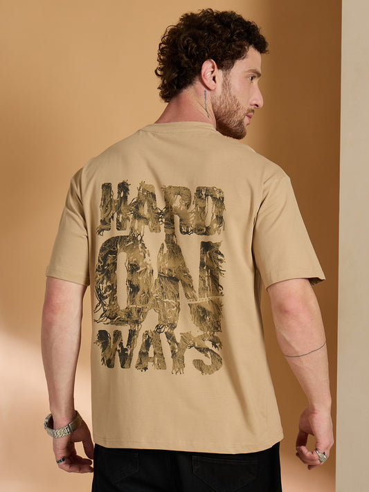 Men Oversized Printed Round Neck Drop shoulder T-shirt Beige - Reprise