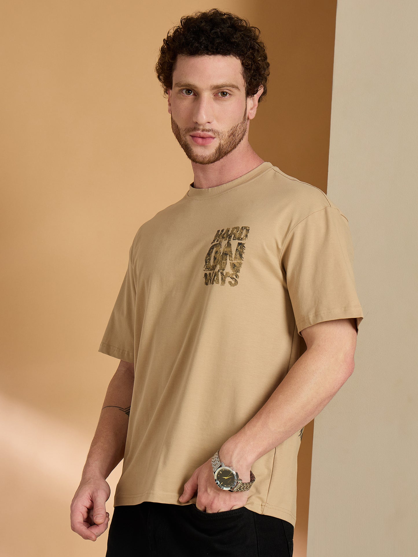 Men Oversized Printed Round Neck Drop shoulder T-shirt Beige - Reprise