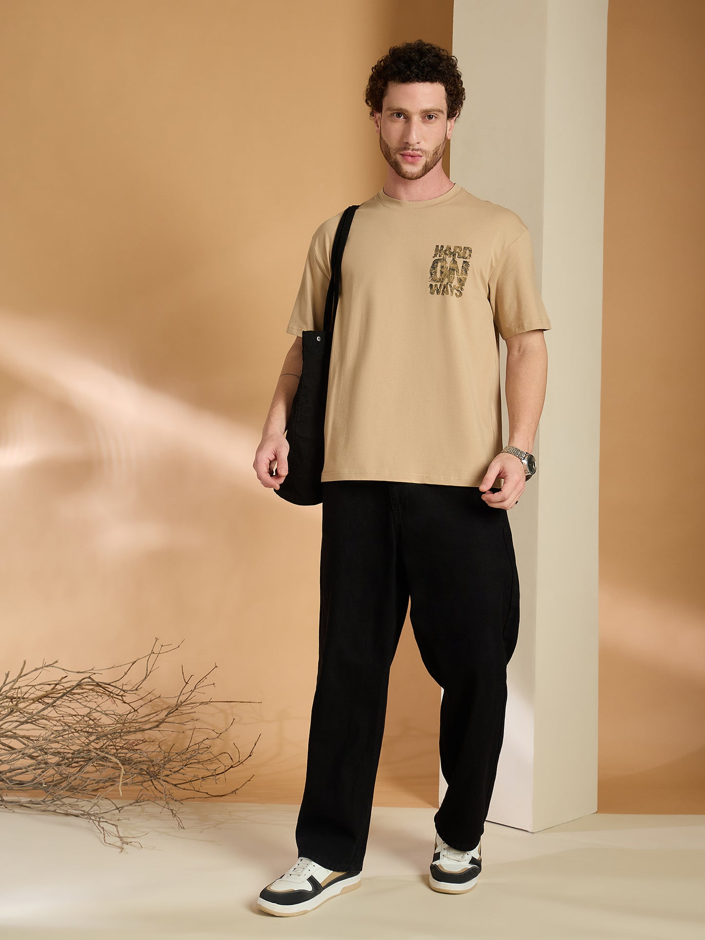 Men Oversized Printed Round Neck Drop shoulder T-shirt Beige - Reprise