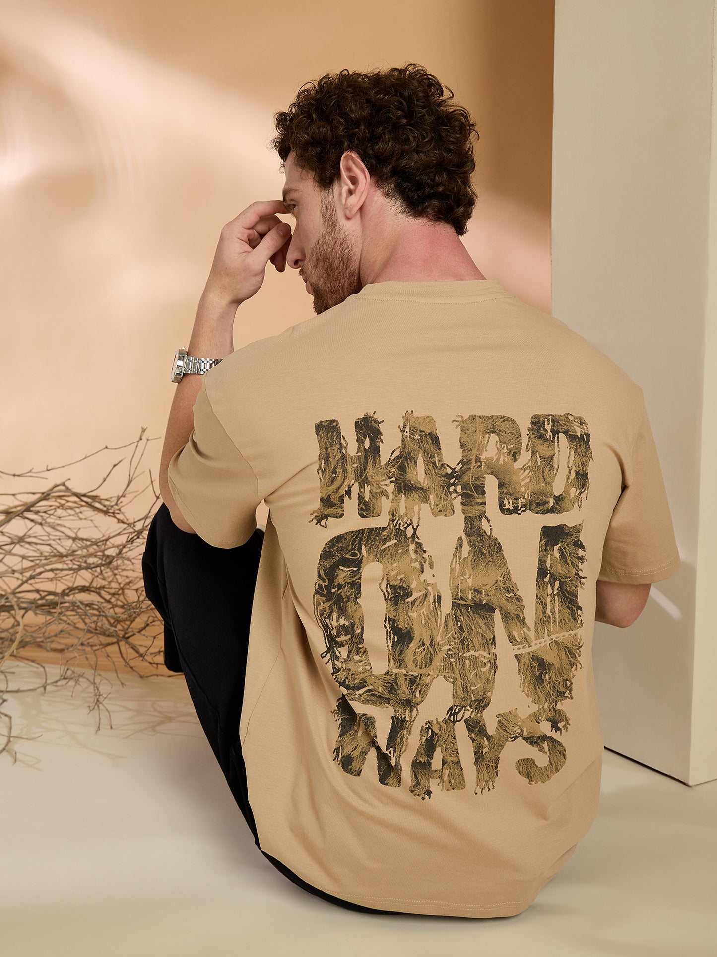 Men Oversized Printed Round Neck Drop shoulder T-shirt Beige - Reprise