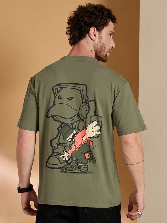 Men Oversized Printed Round Neck Drop shoulder T-shirt Olive