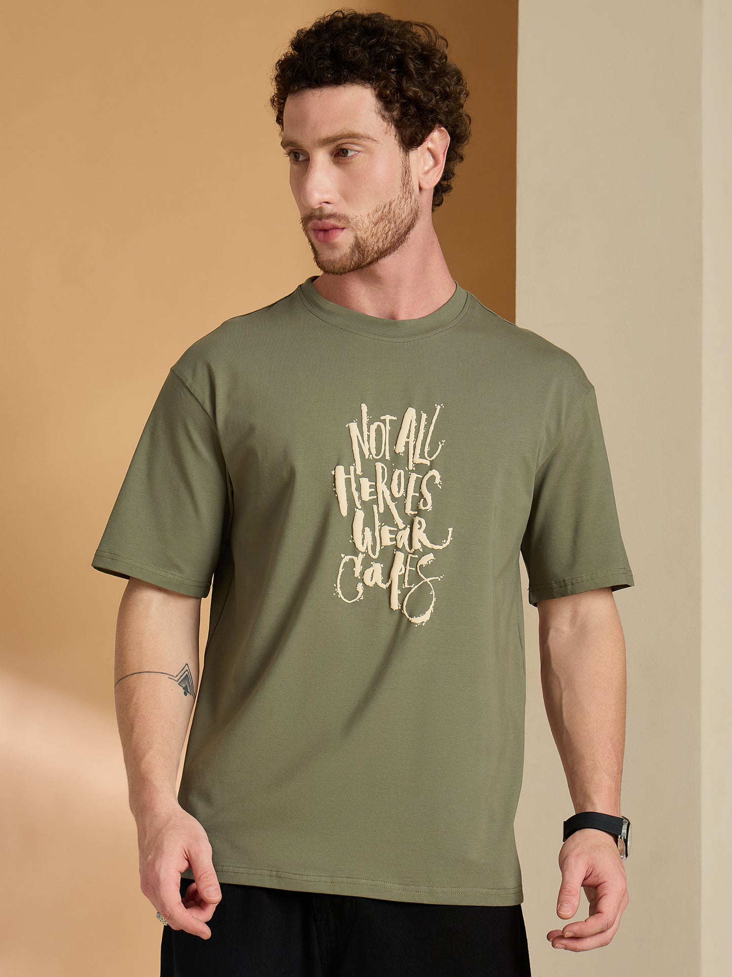 Men Oversized Printed Round Neck Drop shoulder T-shirt Olive