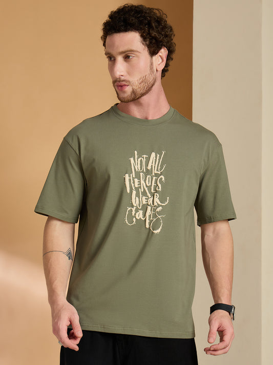 Men Oversized Printed Round Neck Drop shoulder T-shirt Olive - Reprise