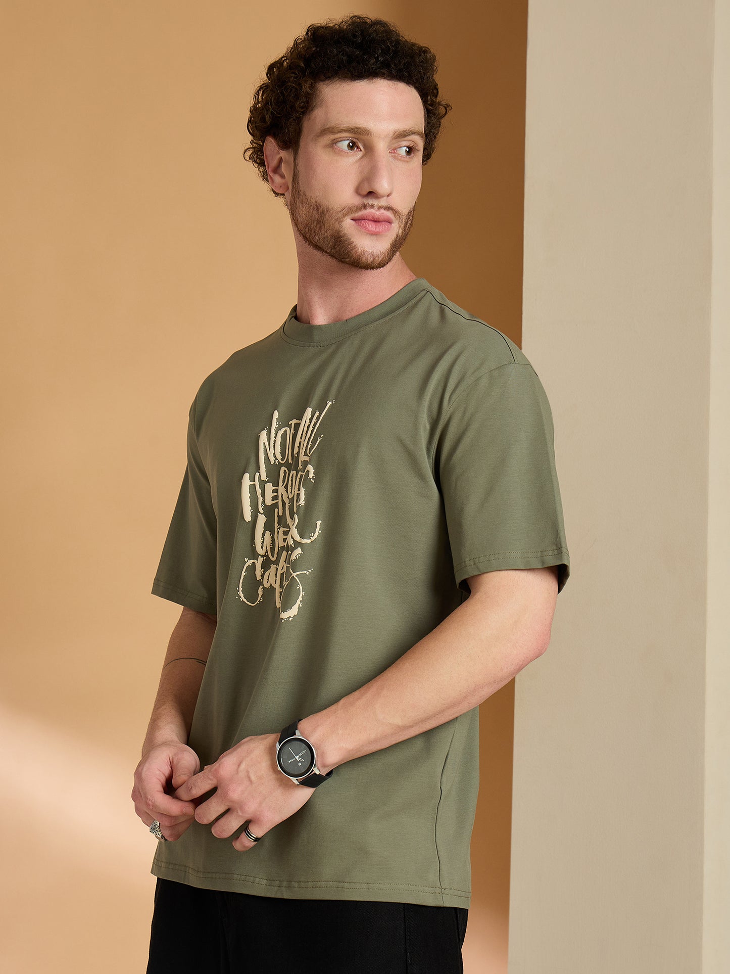 Men Oversized Printed Round Neck Drop shoulder T-shirt Olive