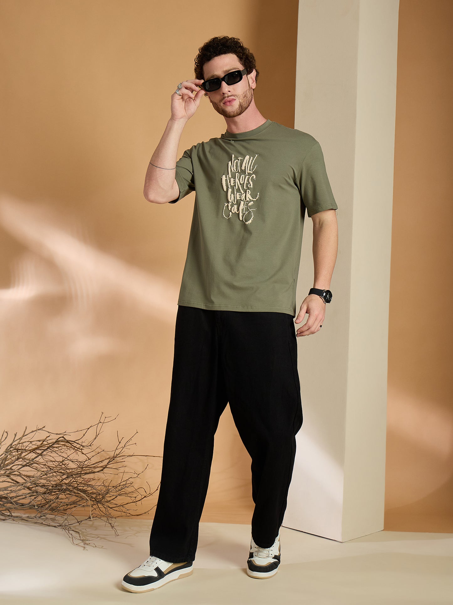 Men Oversized Printed Round Neck Drop shoulder T-shirt Olive
