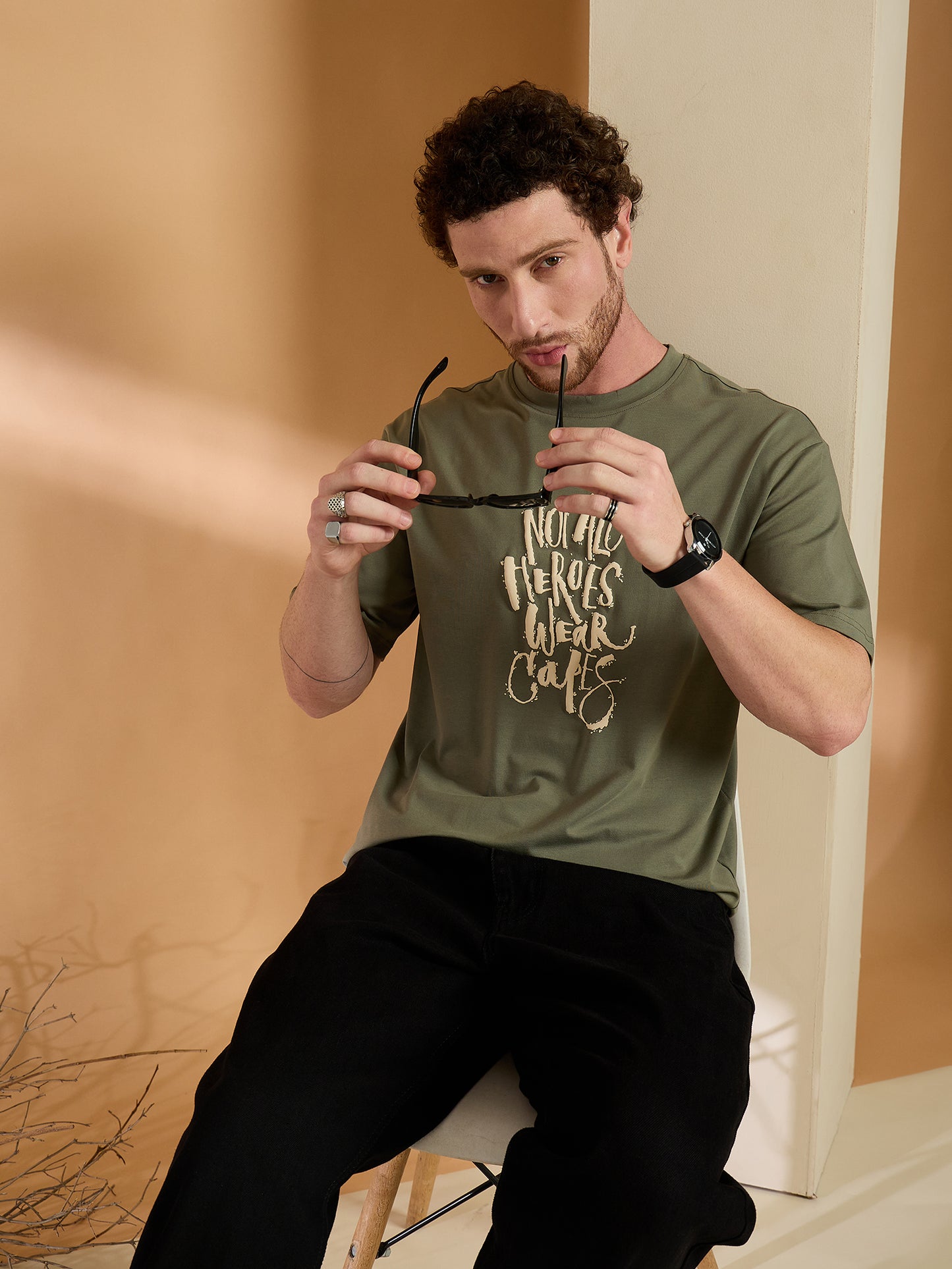 Men Oversized Printed Round Neck Drop shoulder T-shirt Olive
