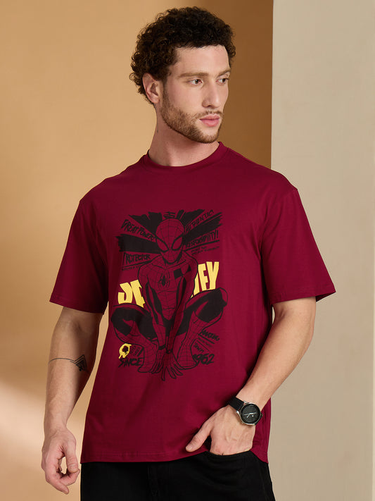 Reprise x Spiderman Maroon  Printed Round Neck Tshirt