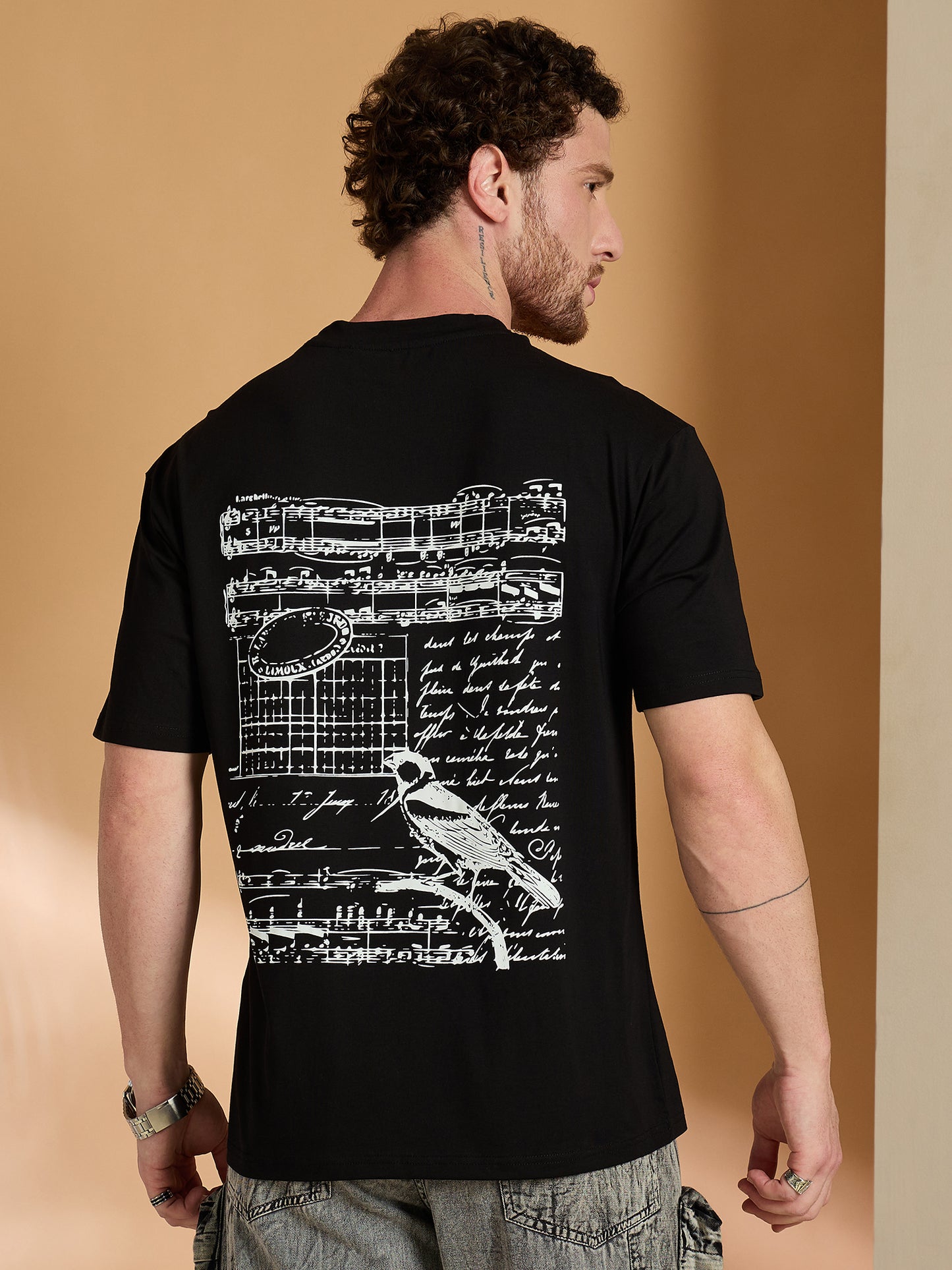 Black Printed Round Neck Tee