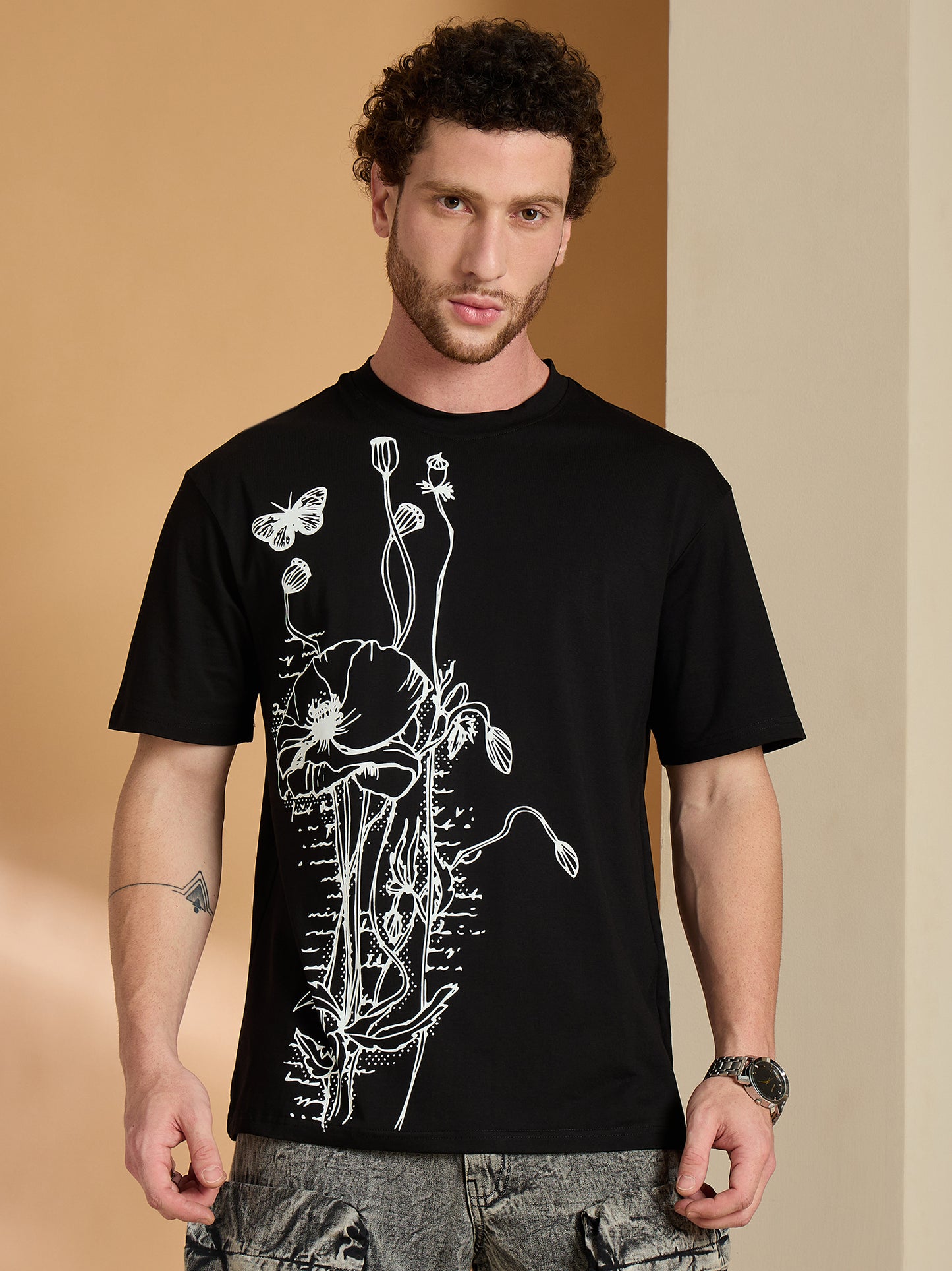 Black Printed Round Neck Tee