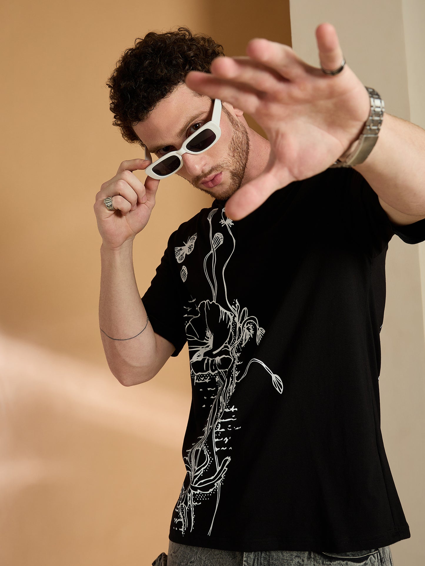 Black Printed Round Neck Tee