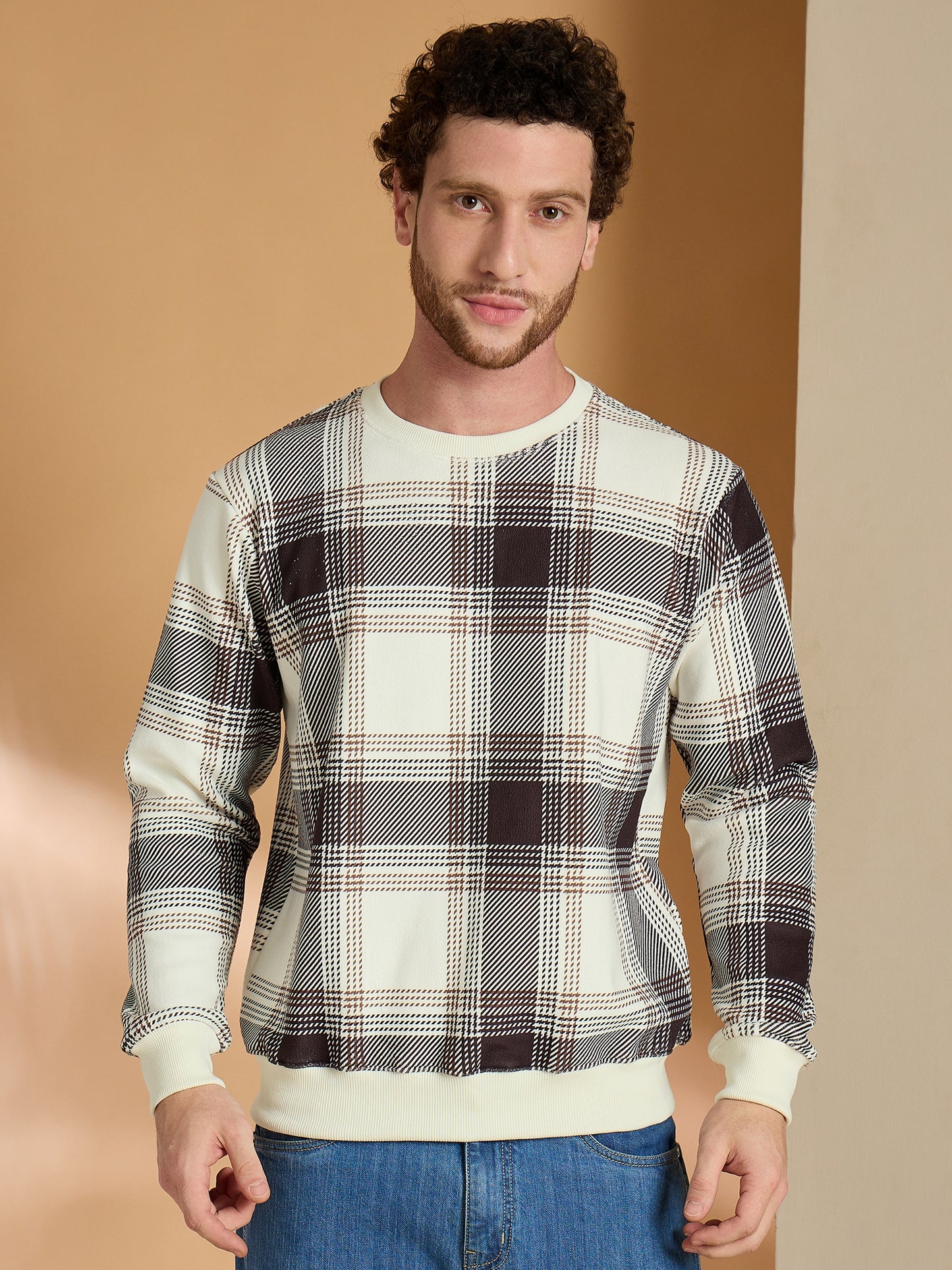Brown Checked Full Sleeves Sweatshirt