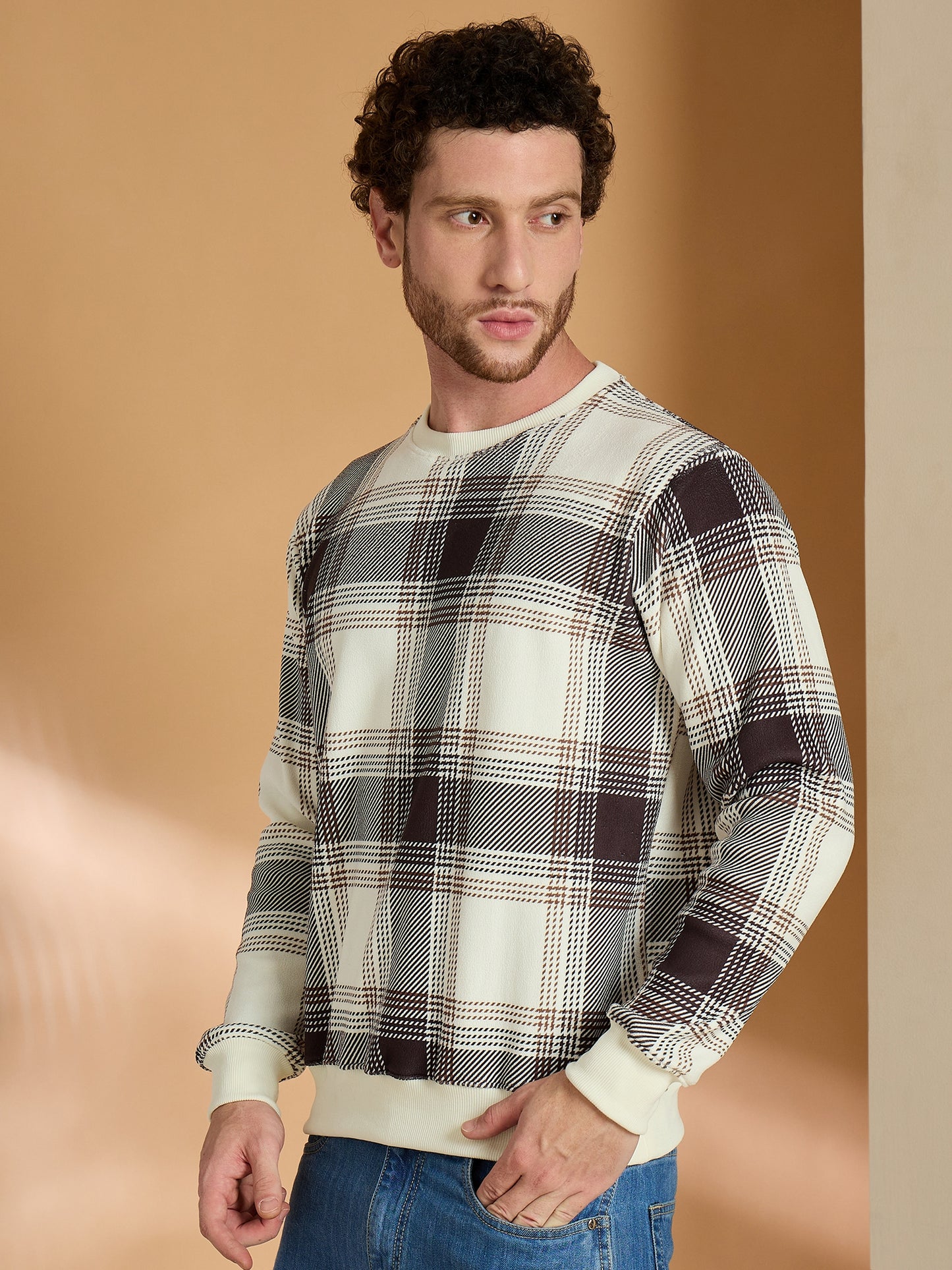 Brown Checked Full Sleeves Sweatshirt