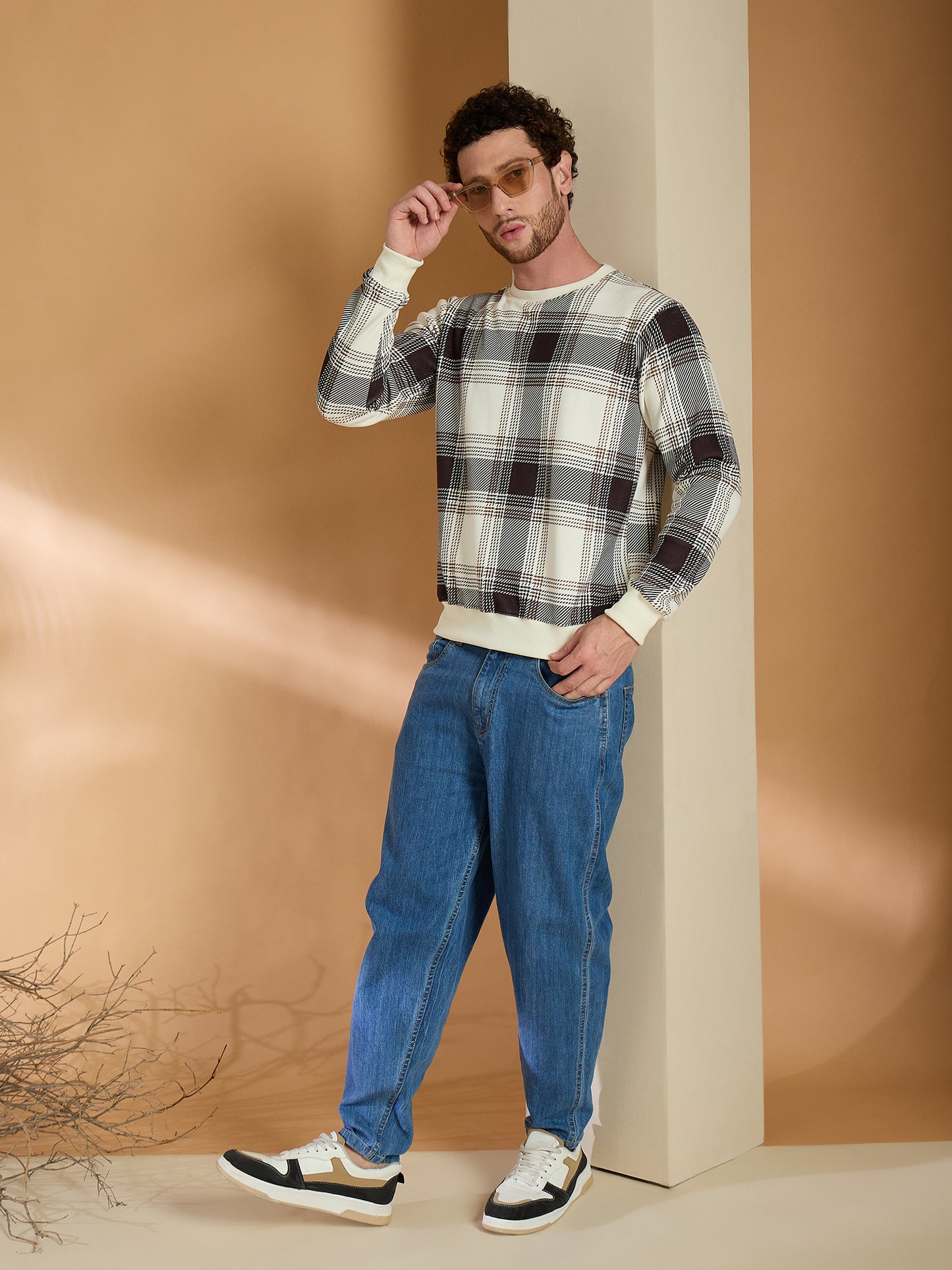 Brown Checked Full Sleeves Sweatshirt
