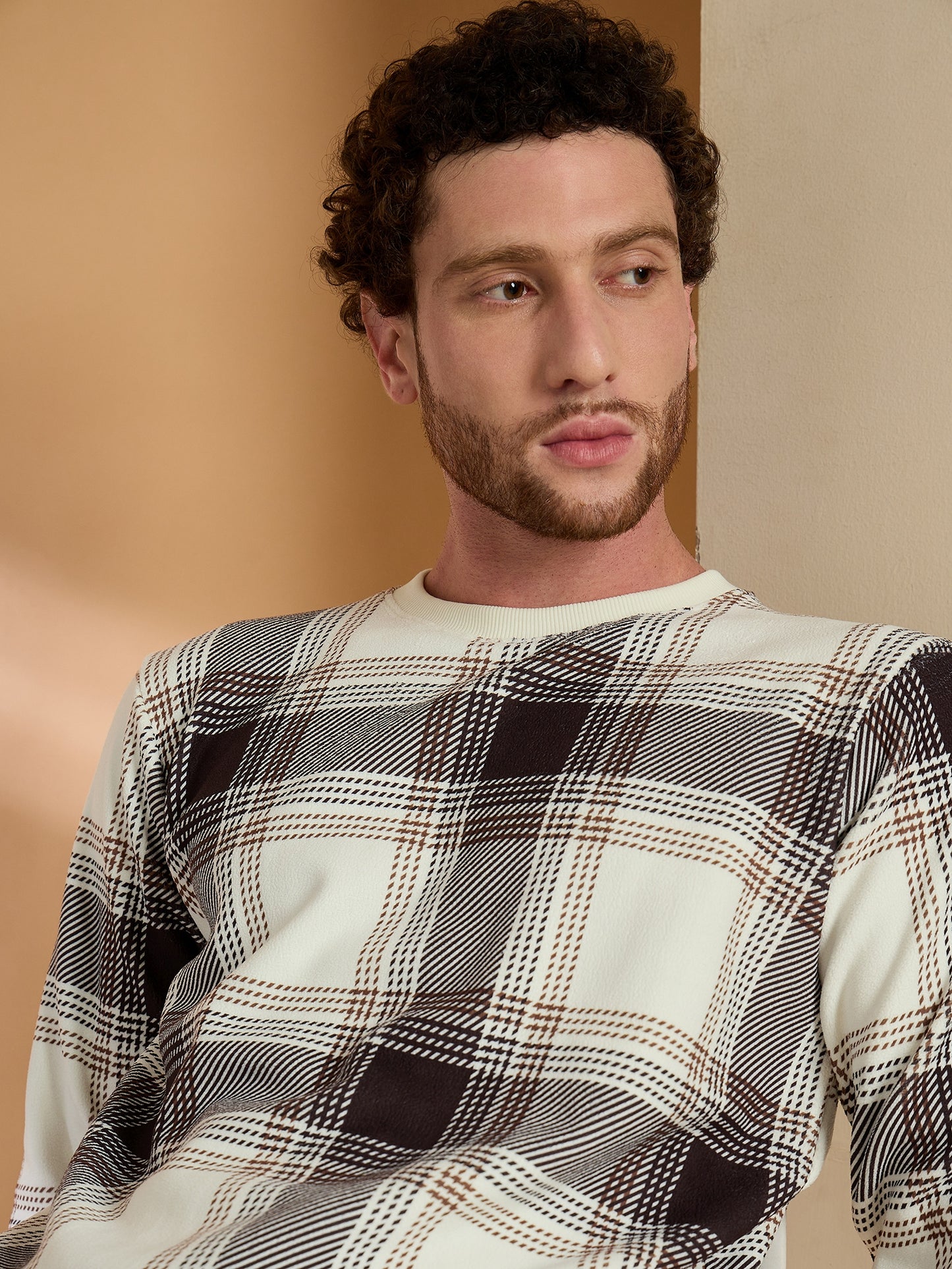 Brown Checked Full Sleeves Sweatshirt