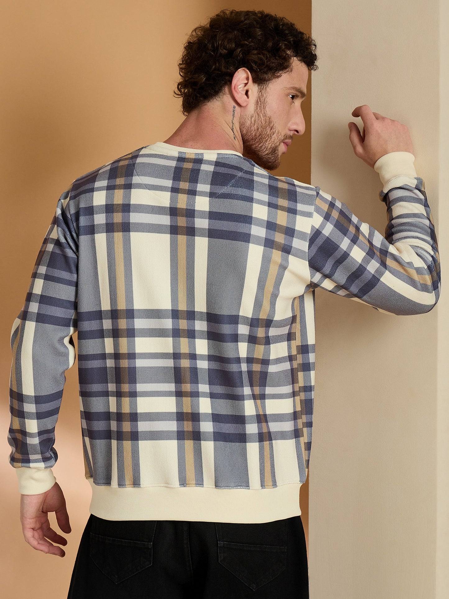 Blue Checked Round Neck Sweatshirts
