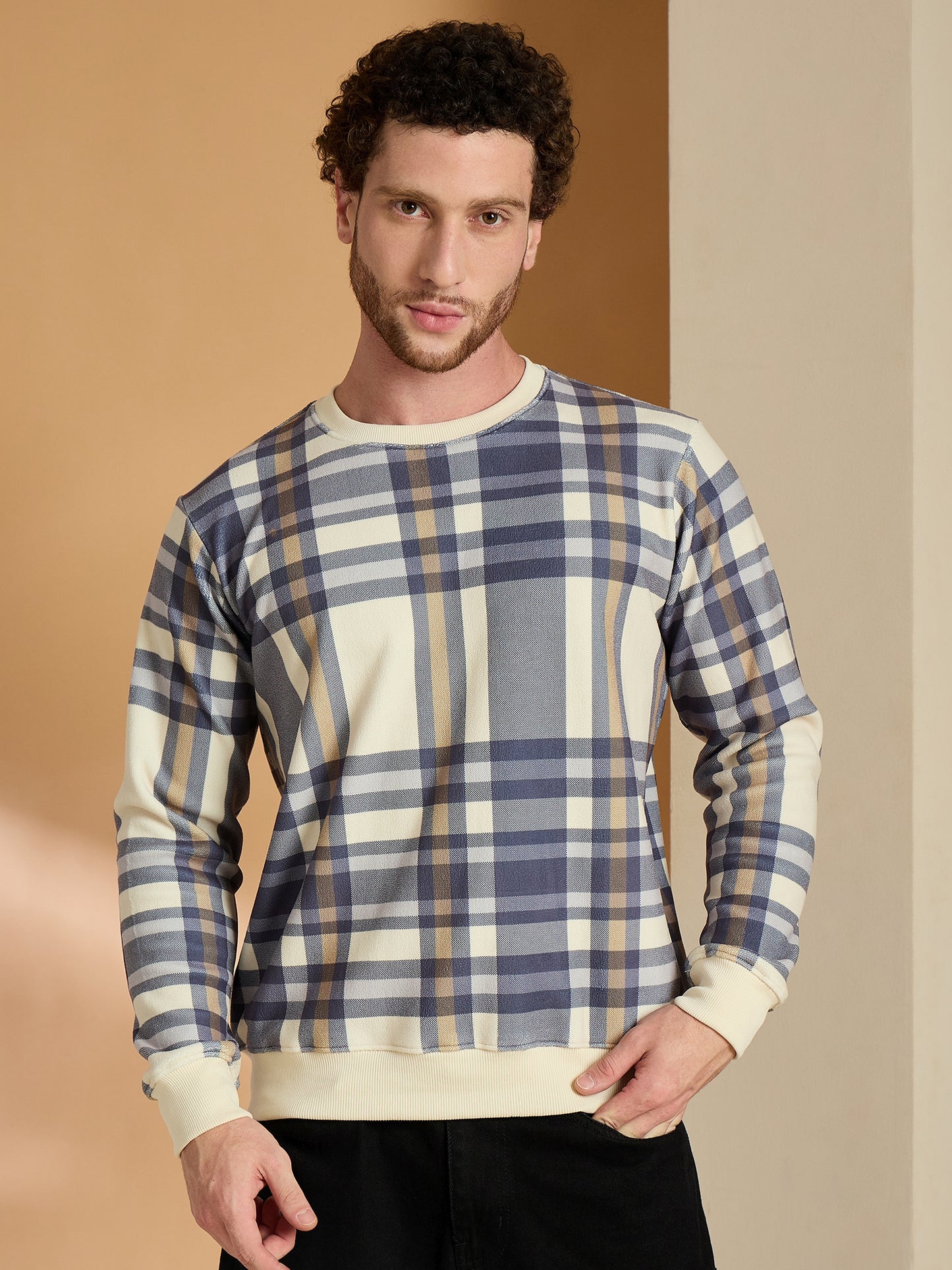 Blue Checked Round Neck Sweatshirts