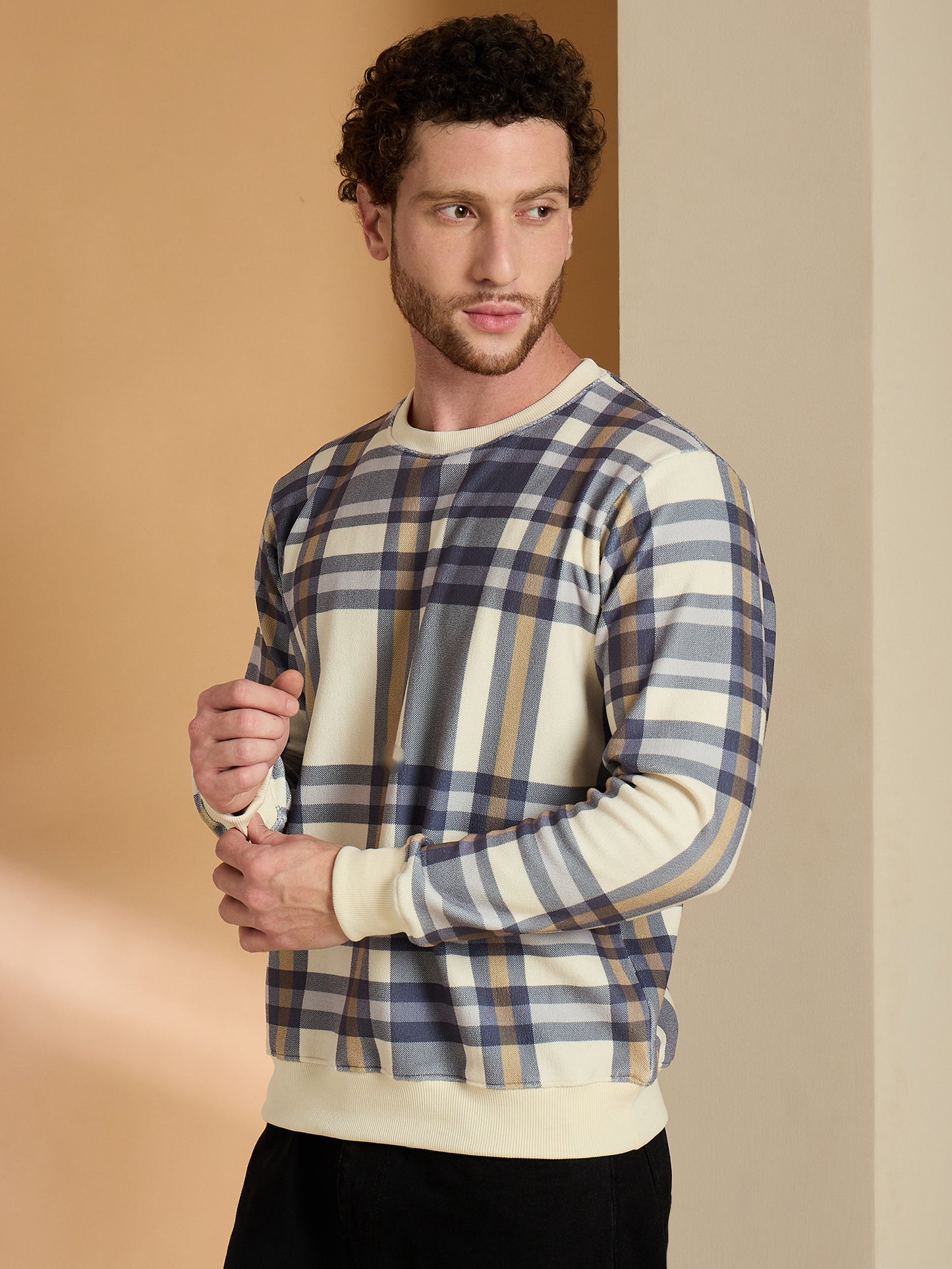 Blue Checked Round Neck Sweatshirts